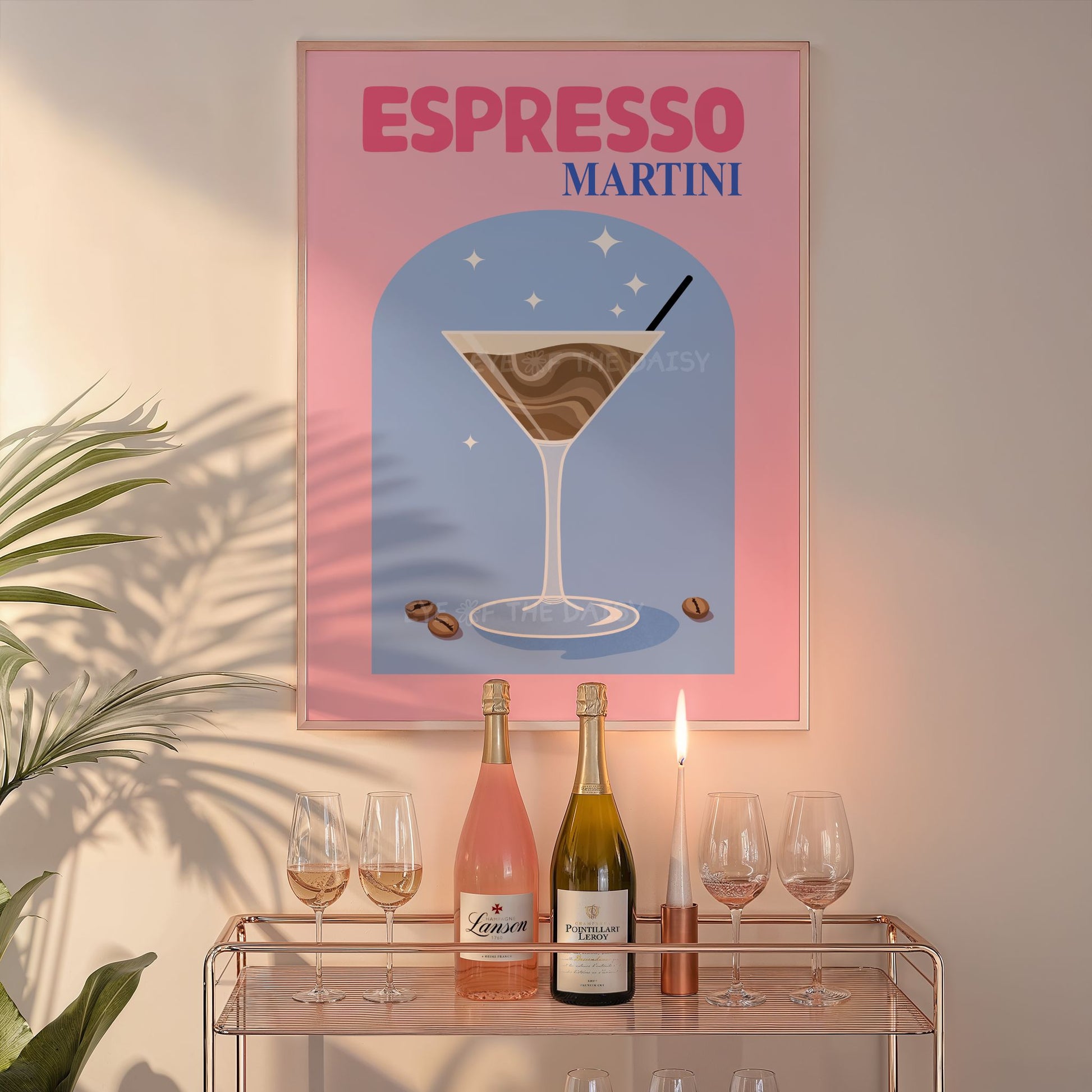 Contemporary "Espresso Martini" home bar cart print printable wall art in pink and blue