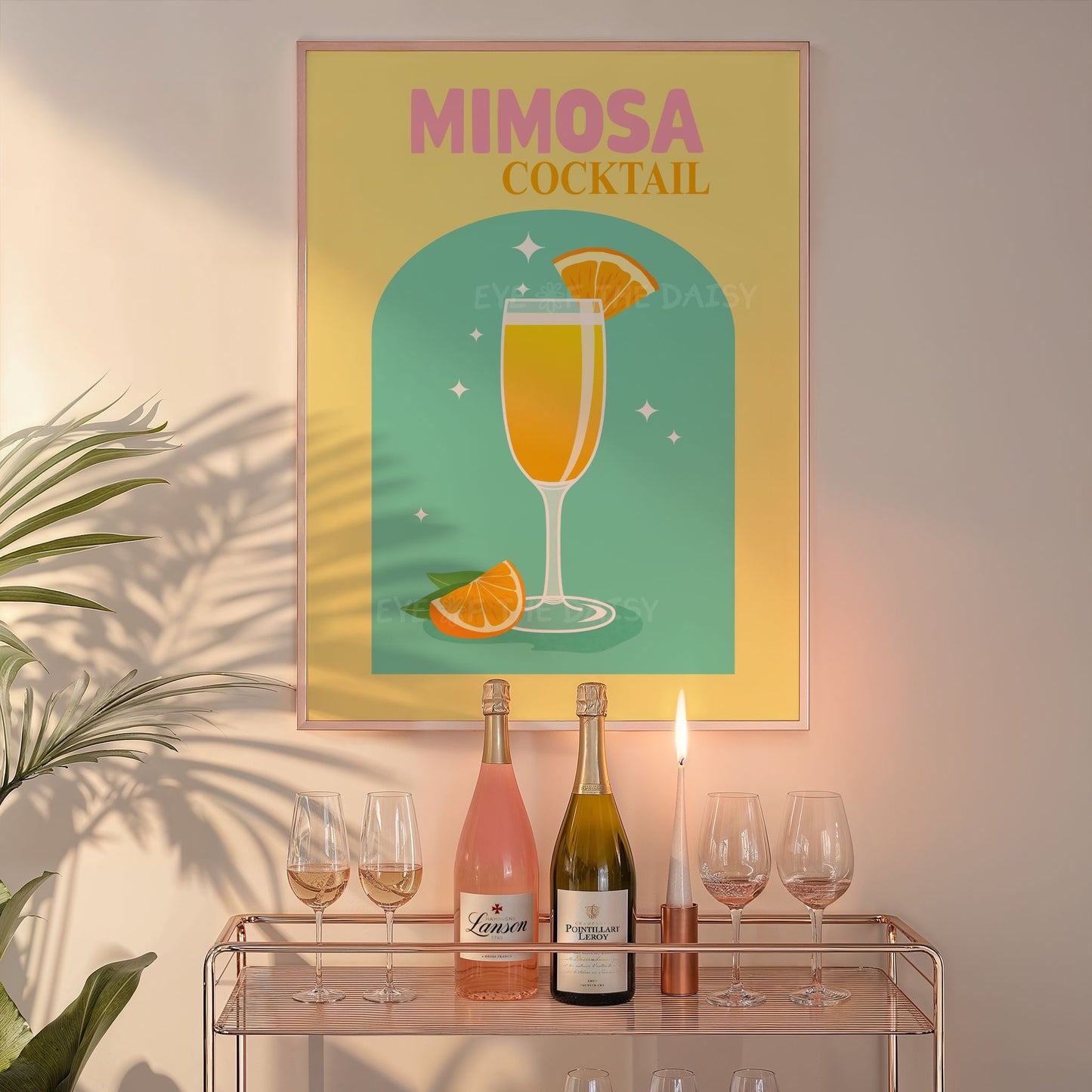 Bright Mimosa bar cart printable — retro cocktail poster digital download in yellow and turquoise, ideal kitchen or party wall art
