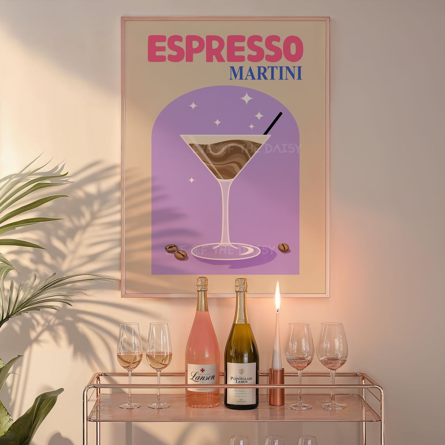 Espresso Martini drink poster in beige and purple tones, digital download for stylish home bar or cocktail-themed bar cart wall decor