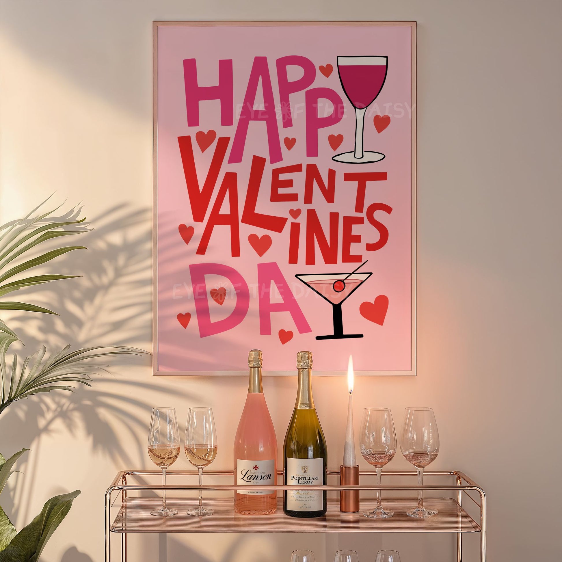 Retro Valentine’s cocktail printable poster, vibrant red and pink dopamine decor for home bar or above bar cart