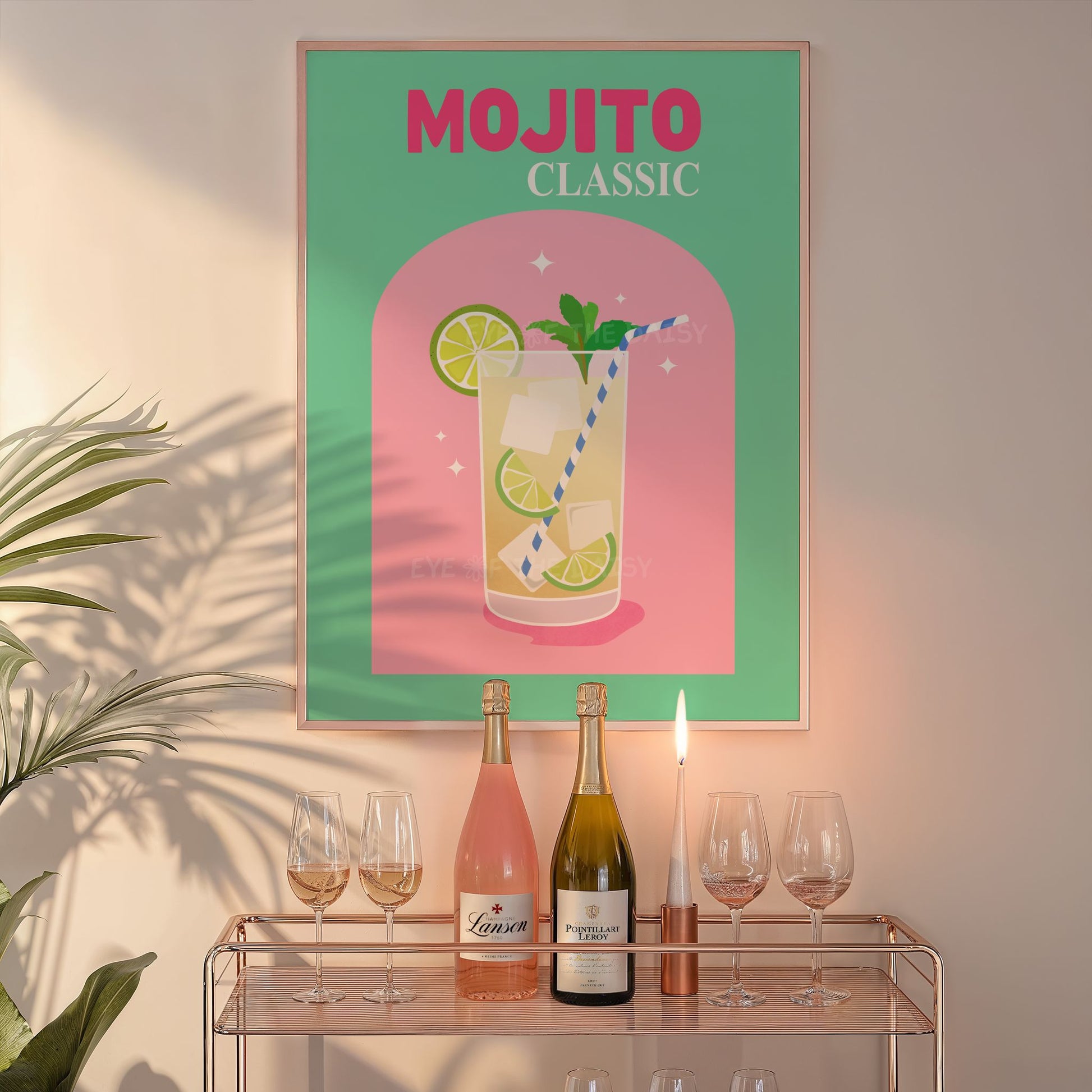 Fresh Mojito drink print in fun vibrant tones, printable cocktail poster for lively home bar or eclectic bar cart wall styling