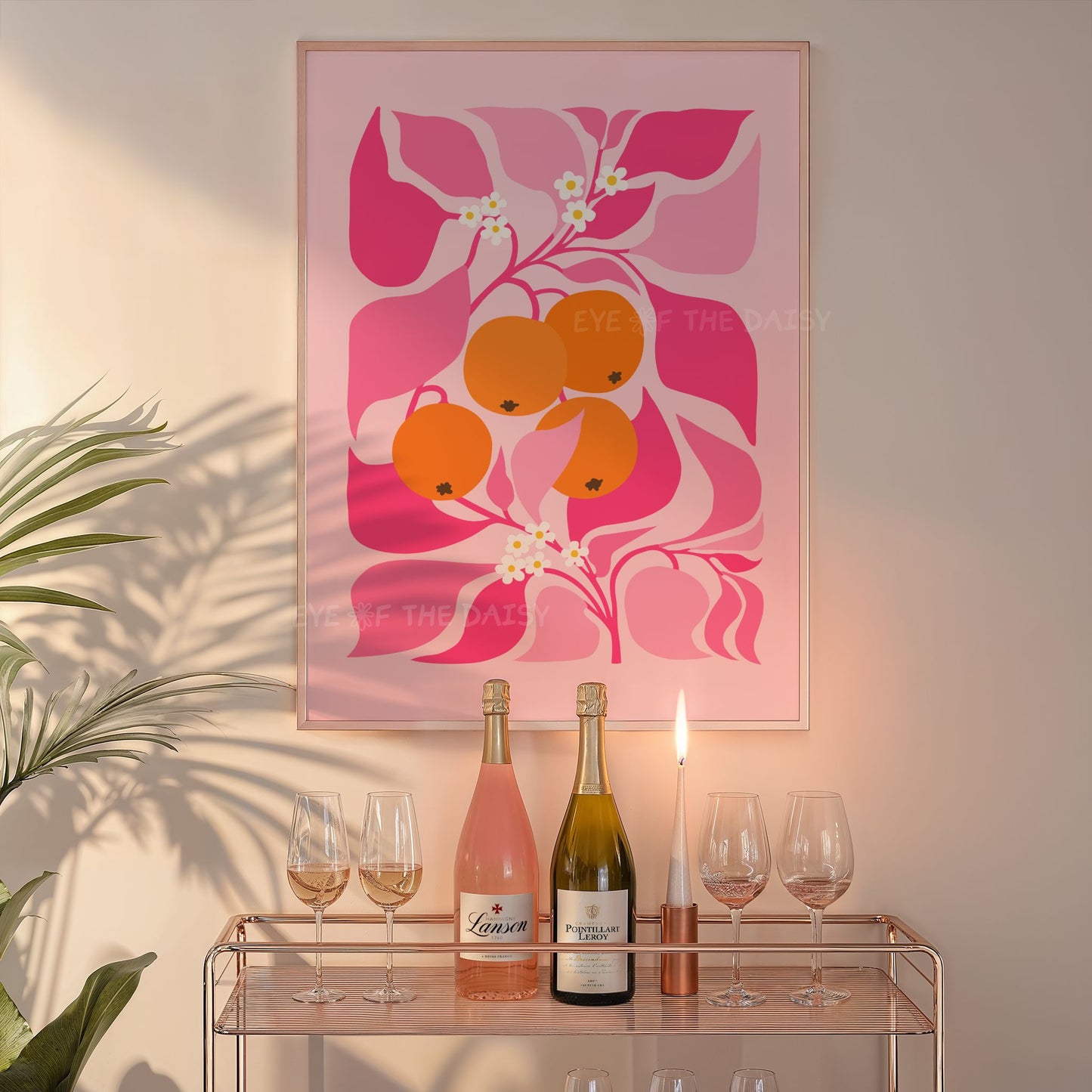 Bright pink orange printable wall art with hand drawn orange tree illustration, great for trendy apartment decor