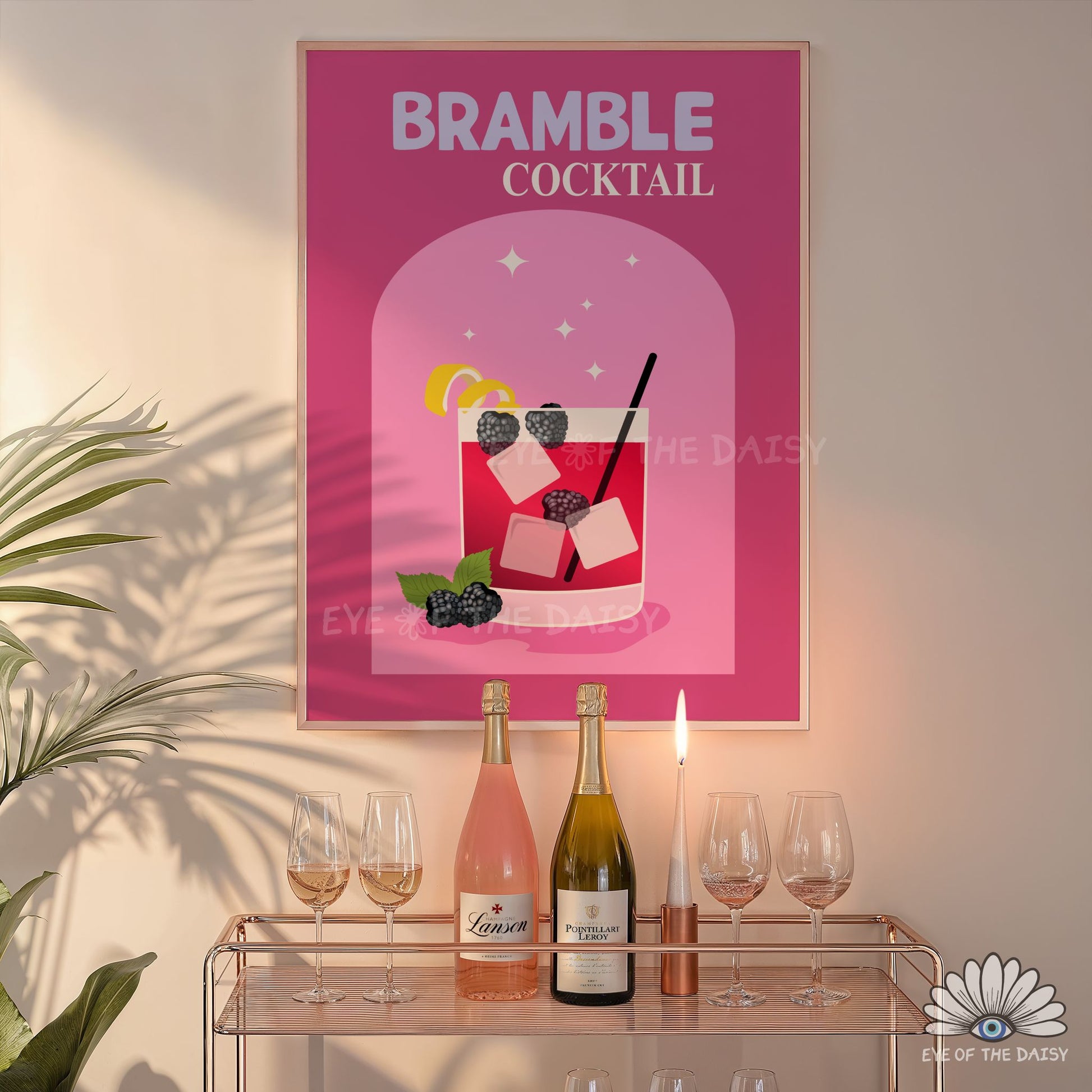 vibrant Bramble Cocktail drink print pink and purple retro style art print for trendy bar cart decor