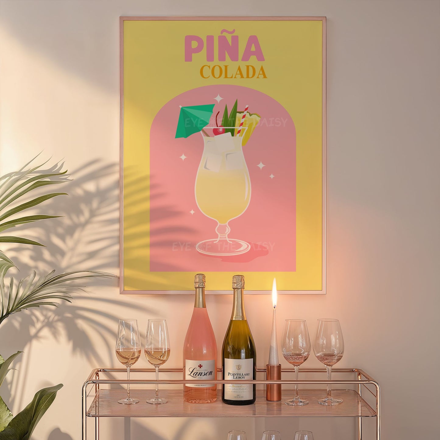 Tropical Piña Colada cocktail printable wall art – retro bar cart poster print, perfect for party decor or stylish DIY home bar