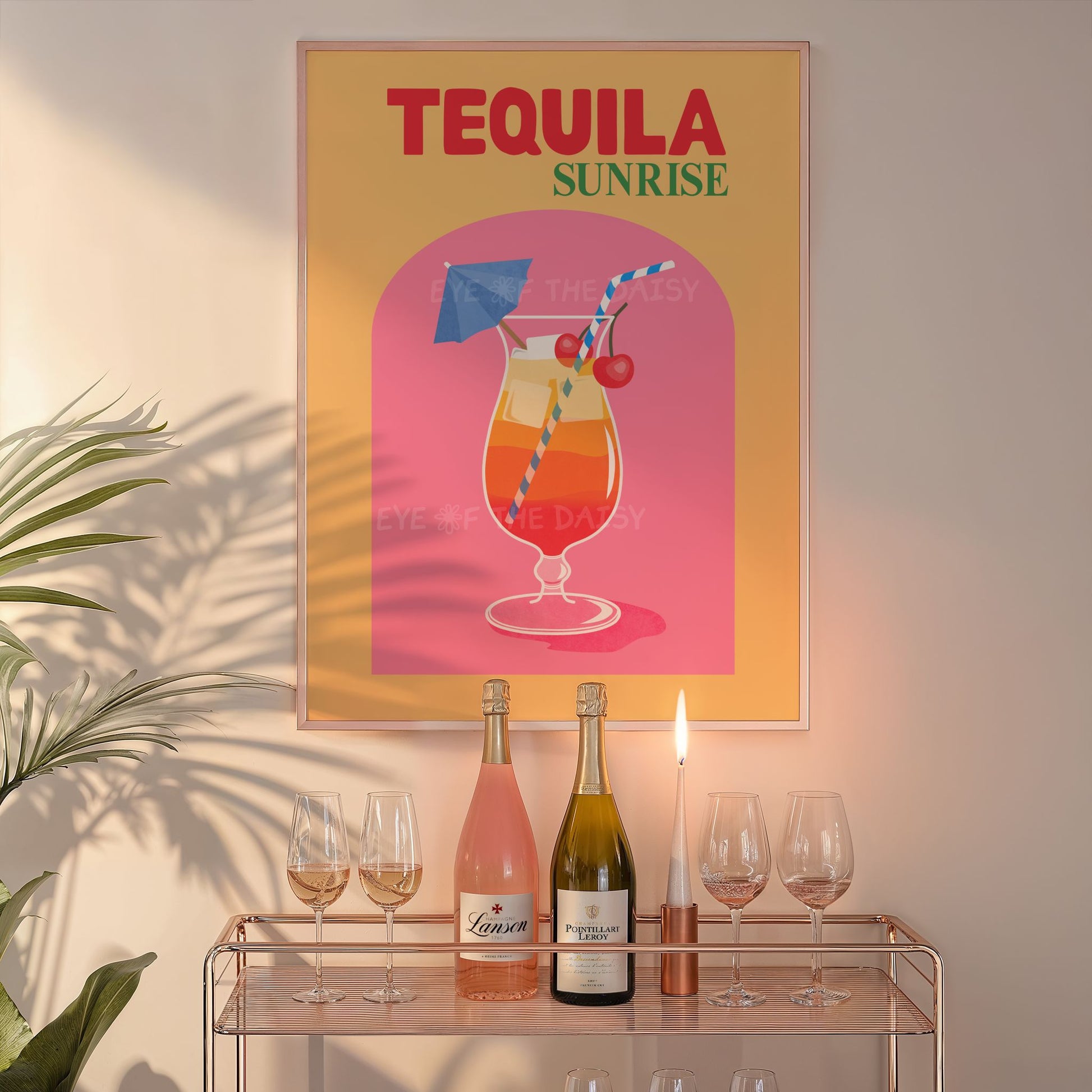 Modern Tequila cocktail wall art download, bright and playful drink poster for vibrant home bar or retro bar cart gallery wall