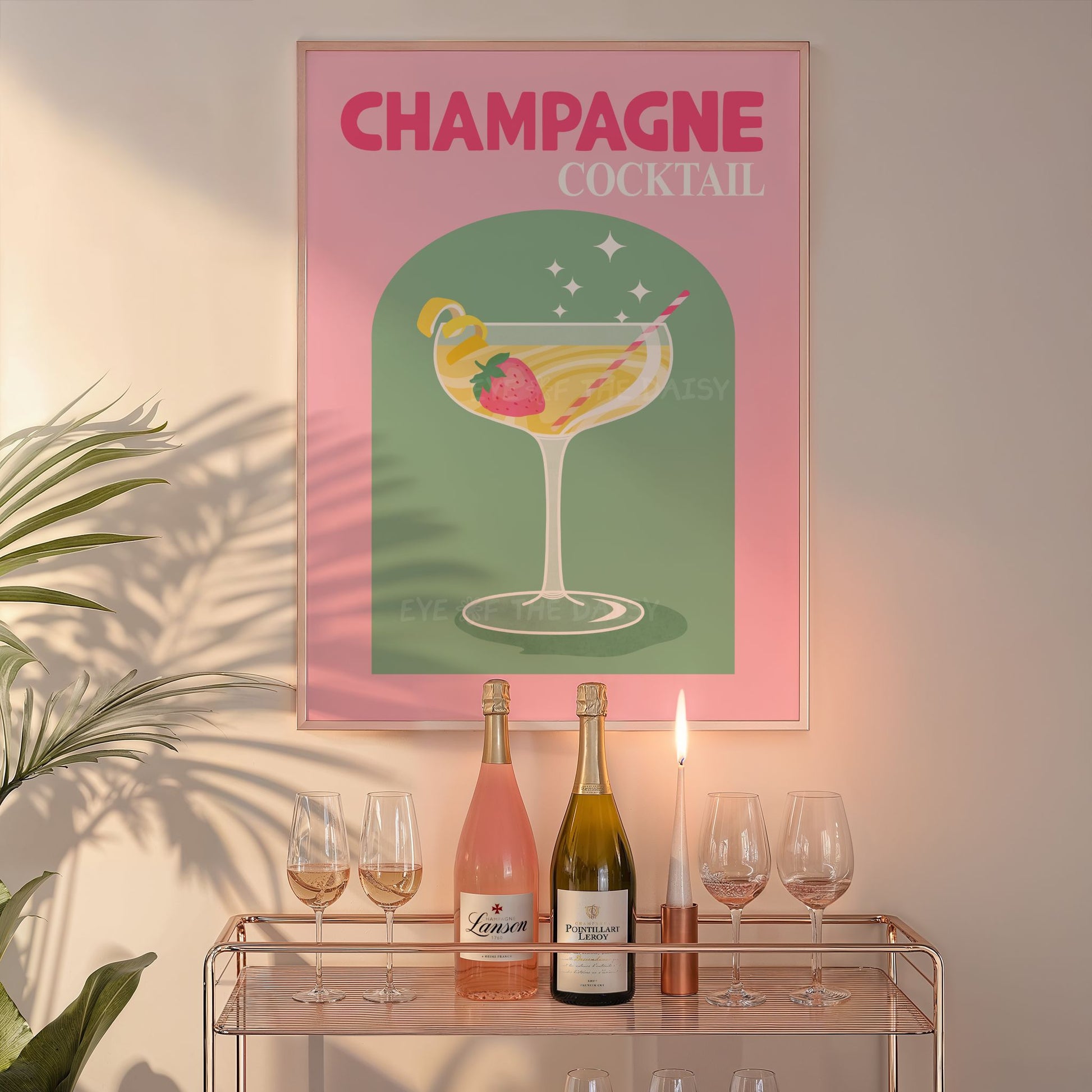 Pink & green cocktail poster – printable champagne art download for a trendy bar cart display, retro DIY wall decor with girly vibes