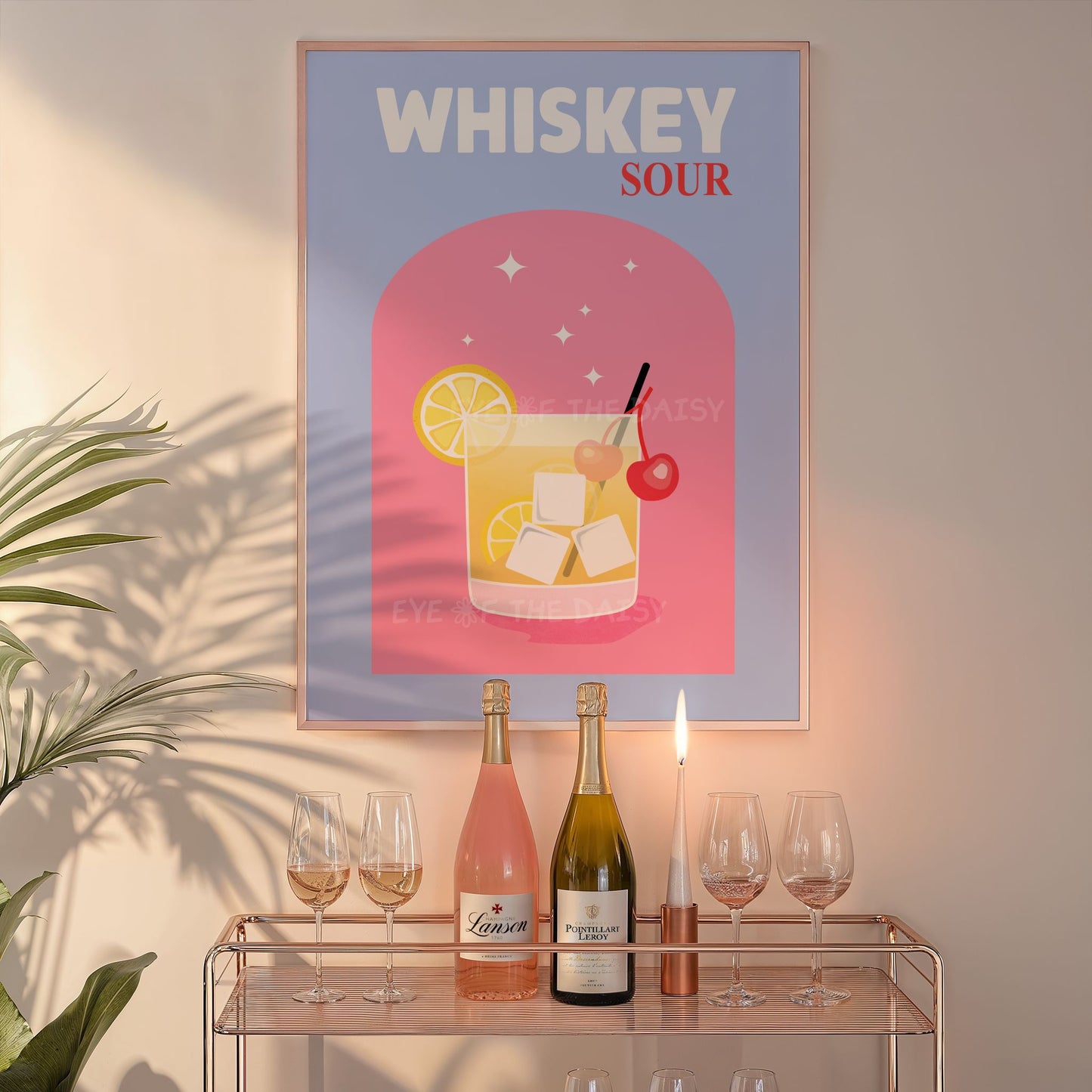 Colorful printable Whiskey Sour art, trendy retro drink wall poster for bar cart styling or bold home bar DIY decor