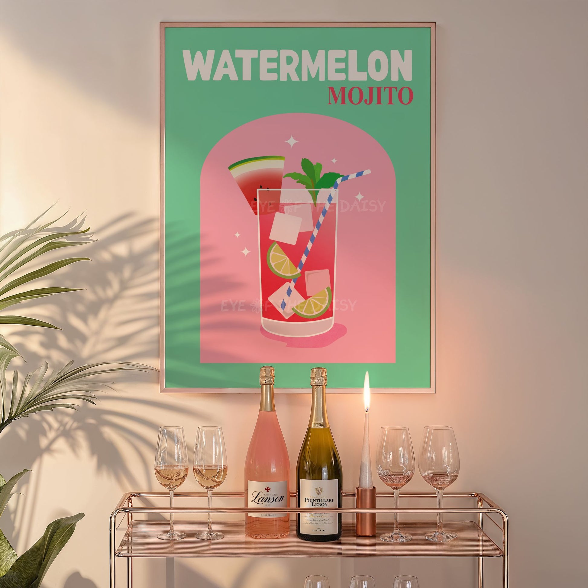 Colorful Watermelon Mojito cocktail print, downloadable funky drink poster for vibrant kitchen, dorm room or college apartment decor