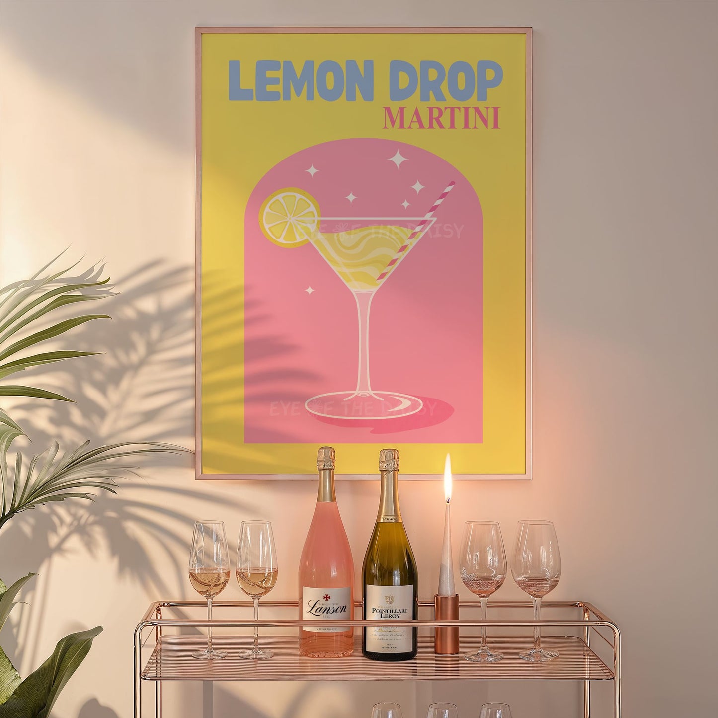 Cute bar cart wall art print with an illustration of a "Lemon Drop Martini" cocktail in pink and yellow, for a modern home bar