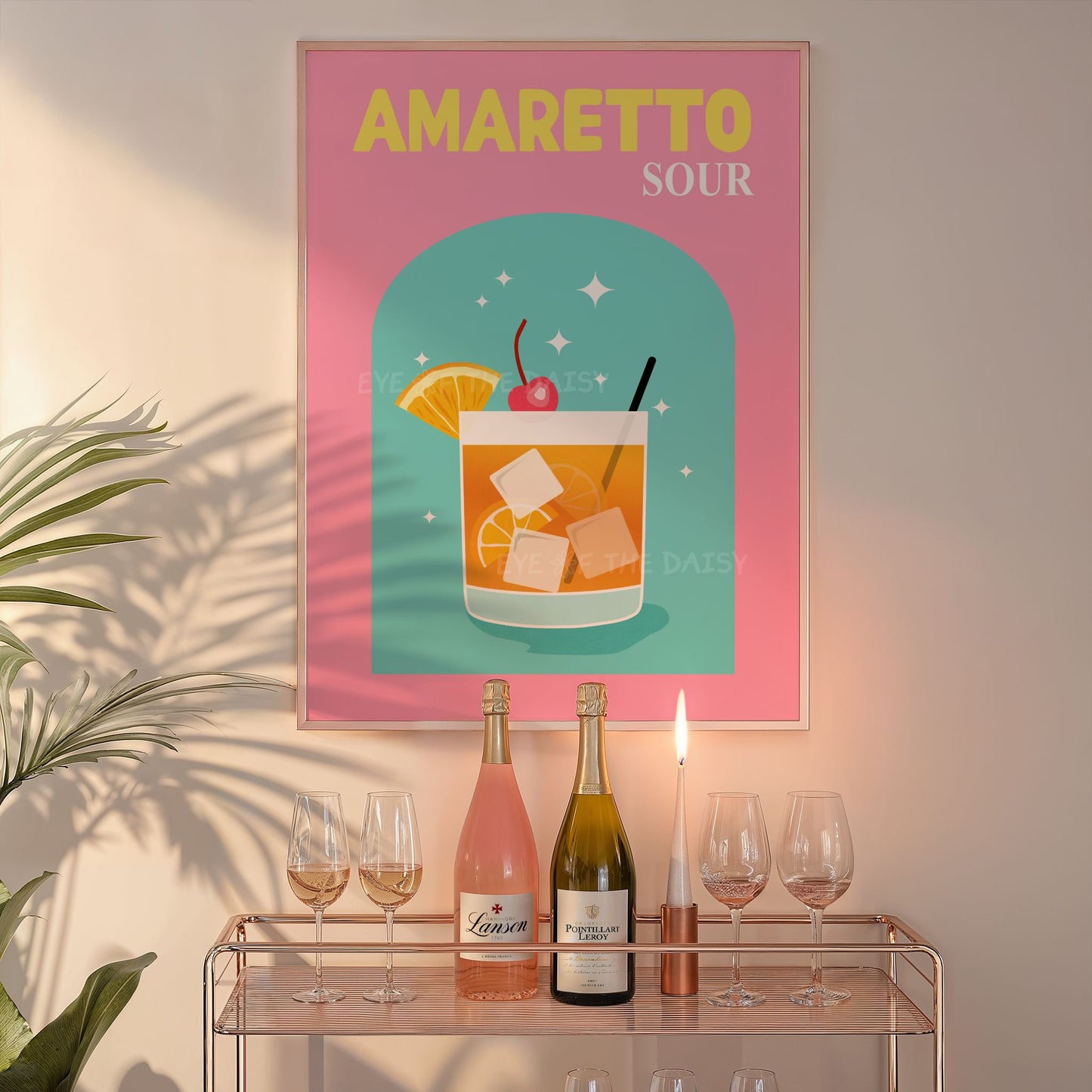 Vibrant colorful Amaretto Sour cocktail printable bar cart poster, pink cocktail print for girly dorm room decor