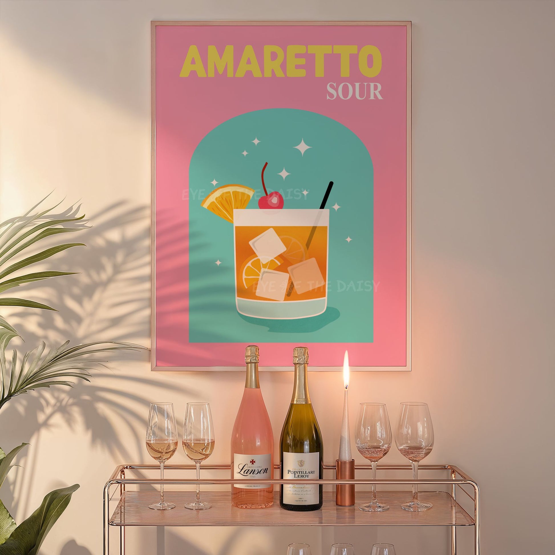 Vibrant colorful Amaretto Sour cocktail printable bar cart poster, pink cocktail print for girly dorm room decor