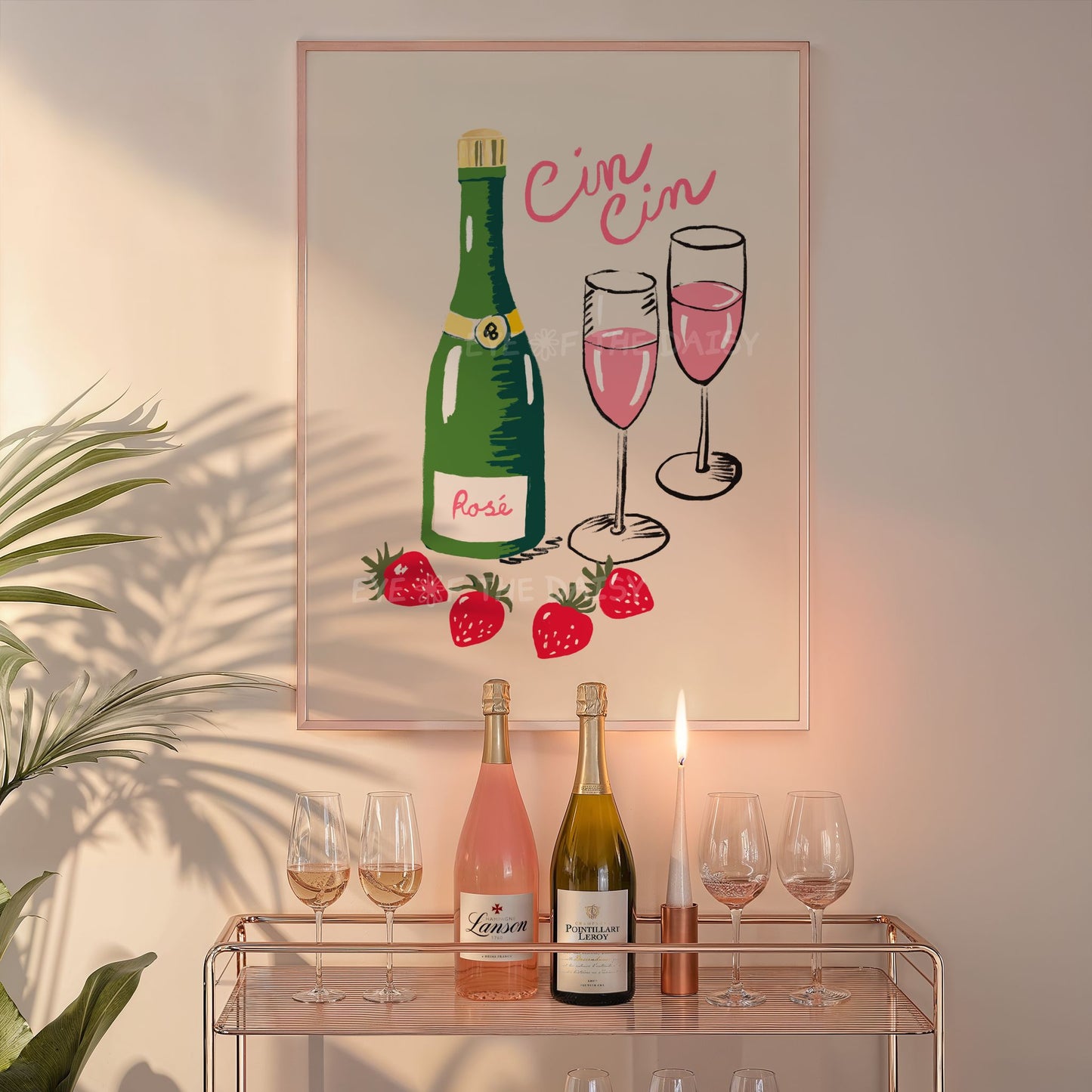 Contemporary "Cin Cin" art print with a hand drawn green bottle of Rosé wine, two pink wine glasses and strawberries illustration, great bar cart wall decor