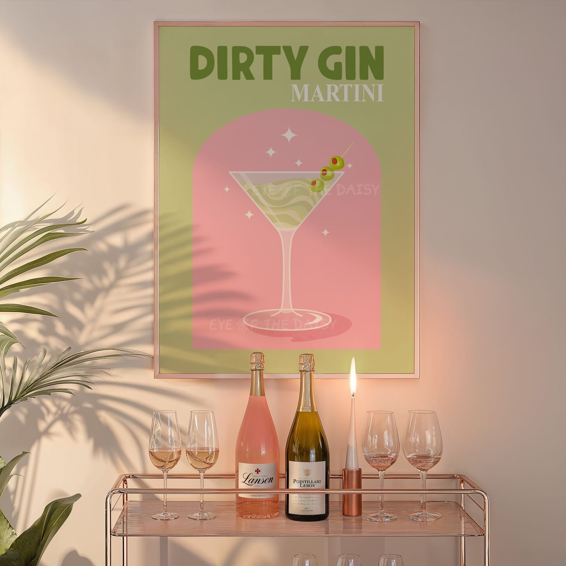 Bar cart cocktail art – Dirty Gin Martini printable wall decor in retro pink and sage for drink stations or kitchens