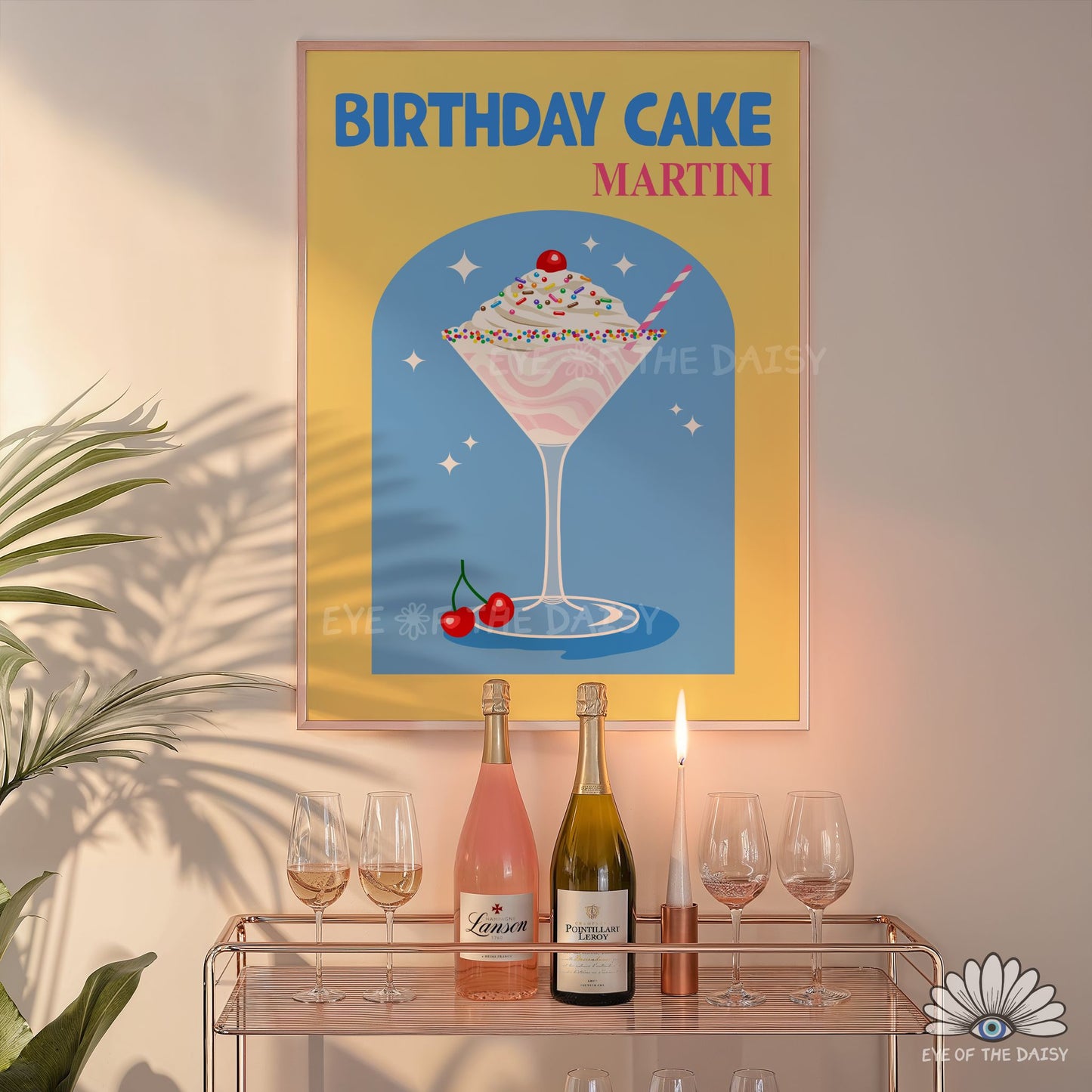 modern retro cocktail printable Birthday Cake Martini poster for colourful kitchen or home bar wall art