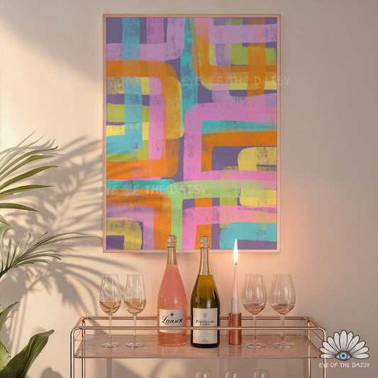 Bold colourful abstract print digital download, modern expressionist wall decor for living room