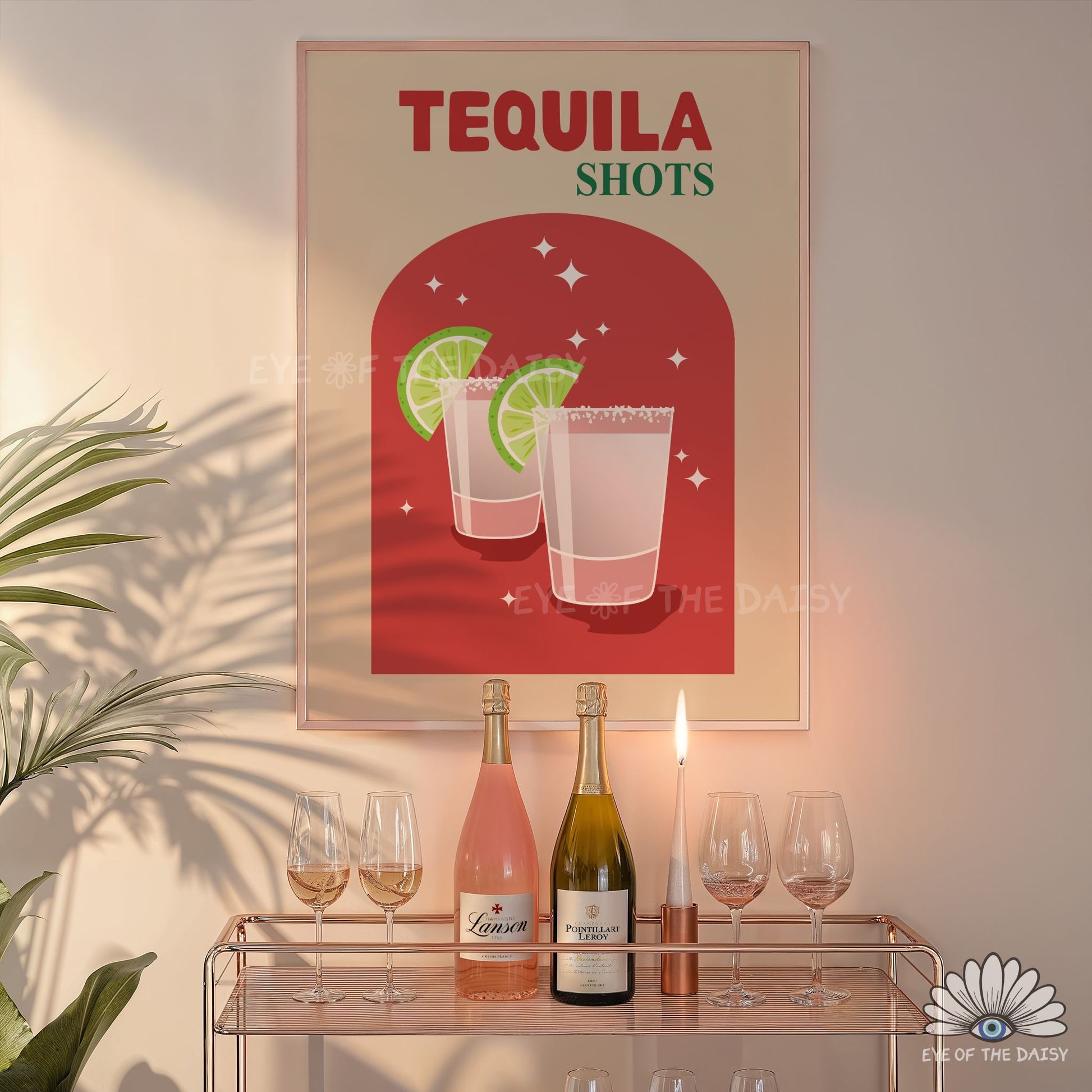 funky retro cocktail print Tequila Shots beige and lime green digital download for bar cart or kitchen