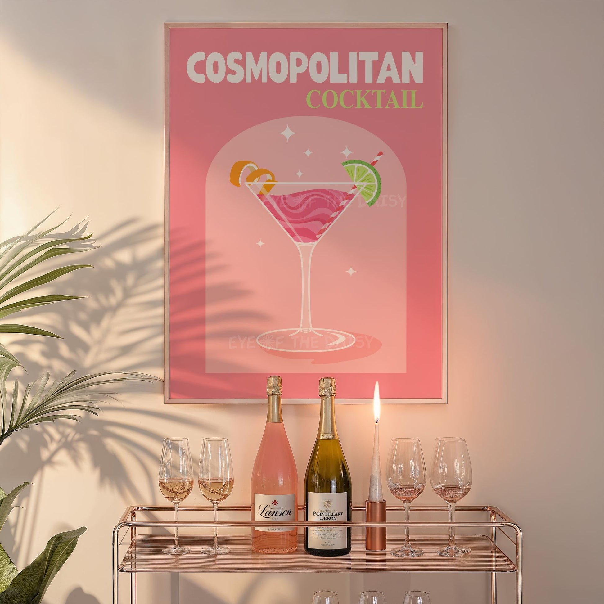 Cosmopolitan cocktail poster – retro girly cocktail printable, downloadable vibrant print for trendy bar cart or home bar decor