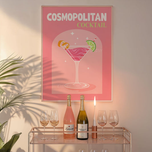 Cosmopolitan cocktail poster – retro girly cocktail printable, downloadable vibrant print for trendy bar cart or home bar decor