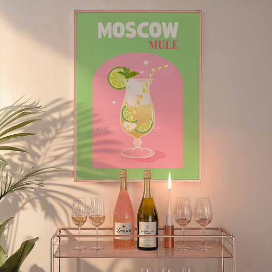 Printable Moscow Mule cocktail poster – funky bar cart wall art, colorful retro digital download for DIY decor