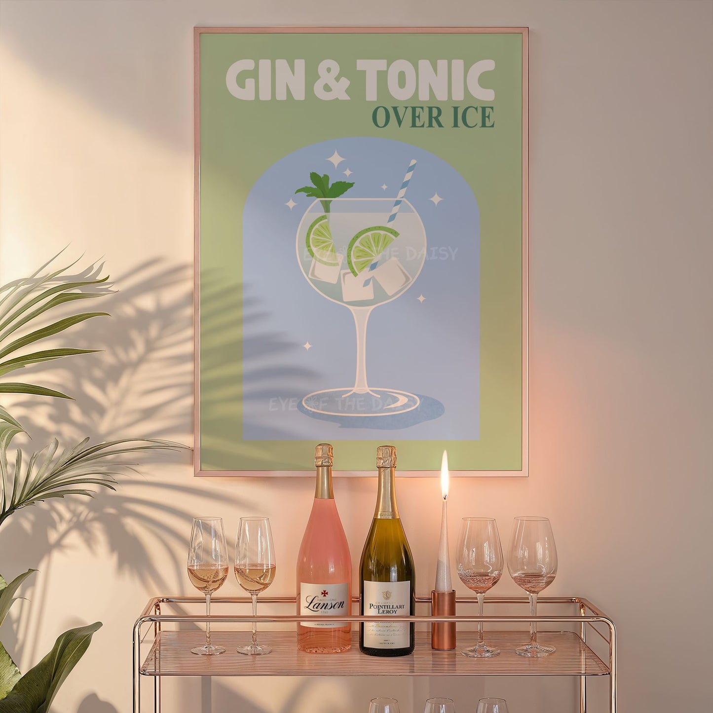 Trendy cocktail printable wall art of retro Gin & Tonic cocktail illustration – perfect for cool bar cart wall decor or gallery wall