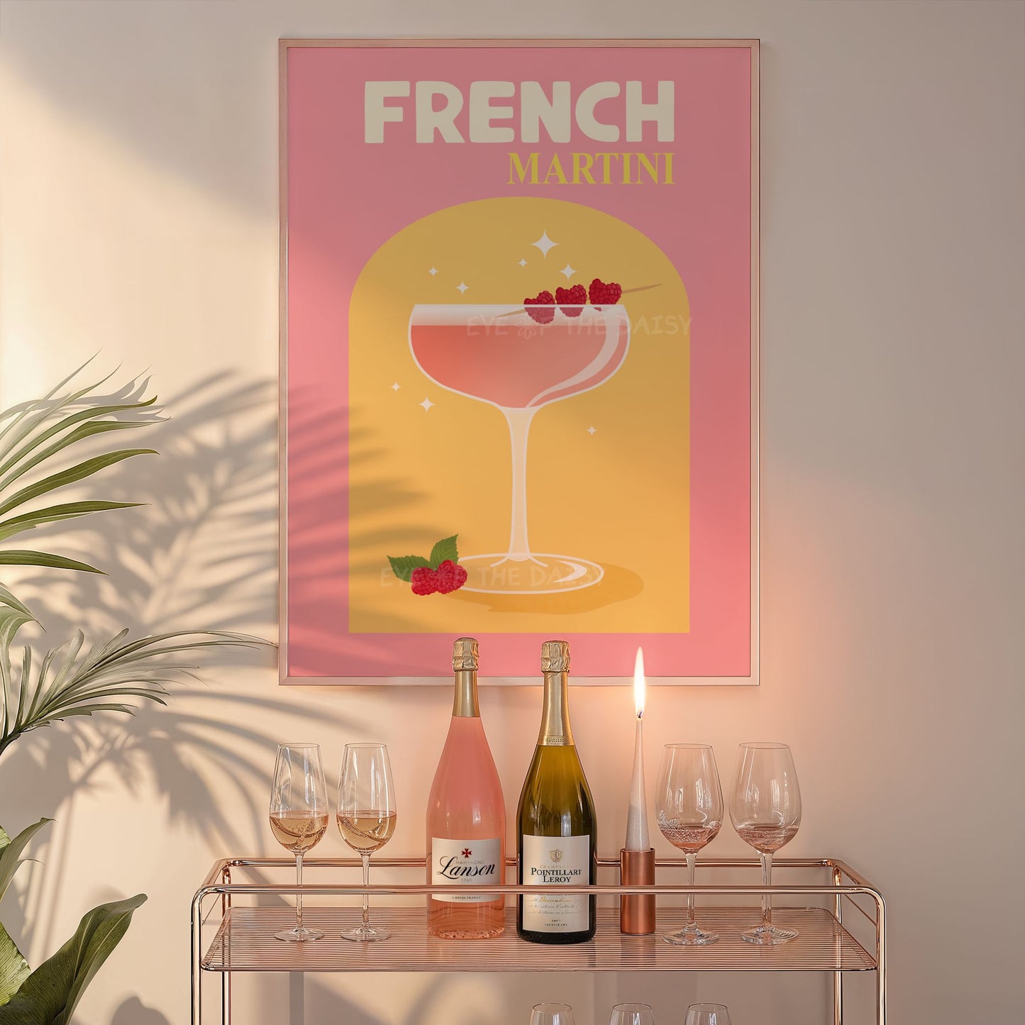 Cute bar cart printable wall art – bright French Martini drink poster, digital download for fun home bar styling