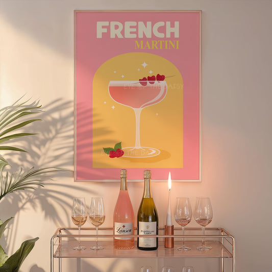 Cute bar cart printable wall art – bright French Martini drink poster, digital download for fun home bar styling