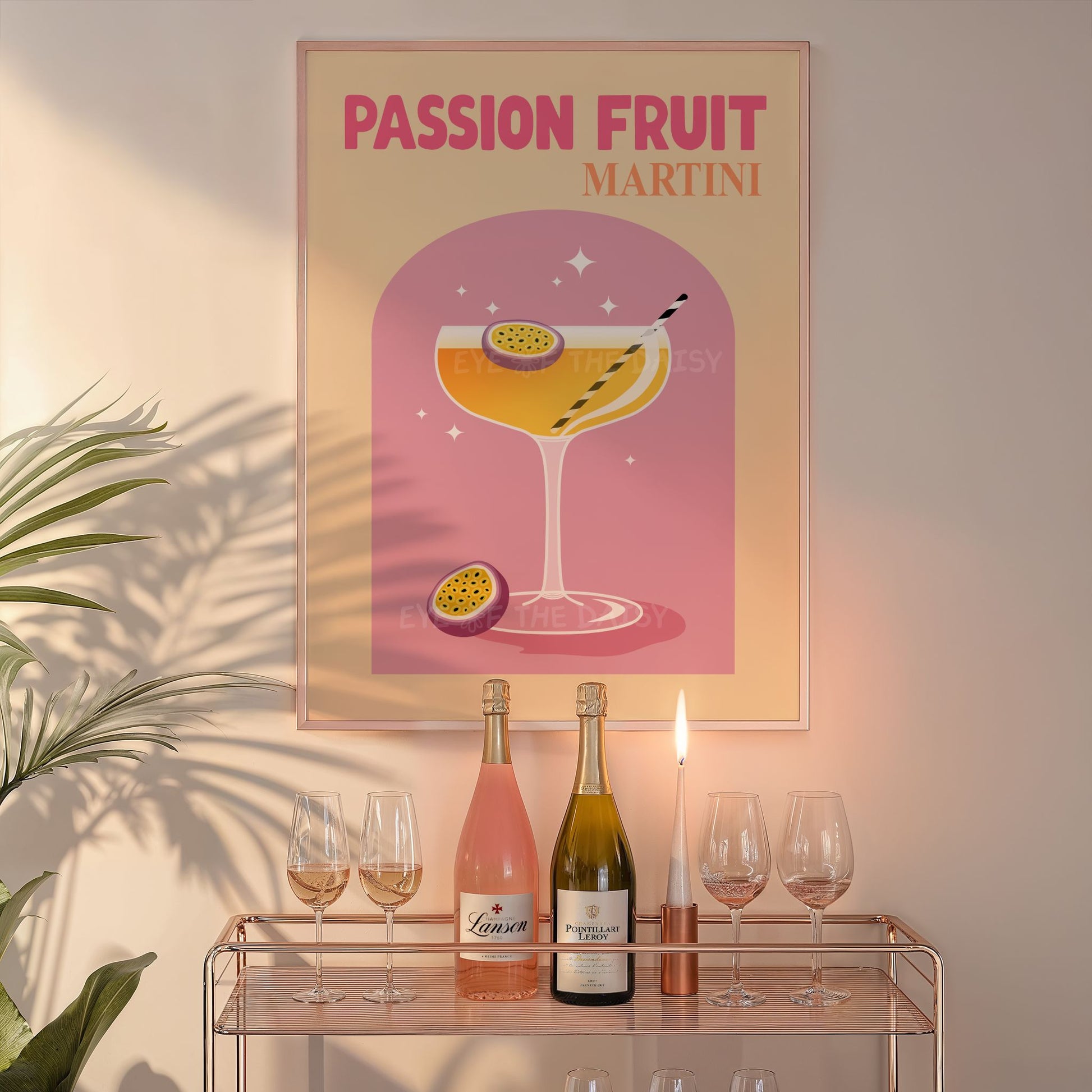 Colourful Passion Fruit Martini cocktail art, digital download retro drink poster for trendy bar cart or kitchen decor gallery wall