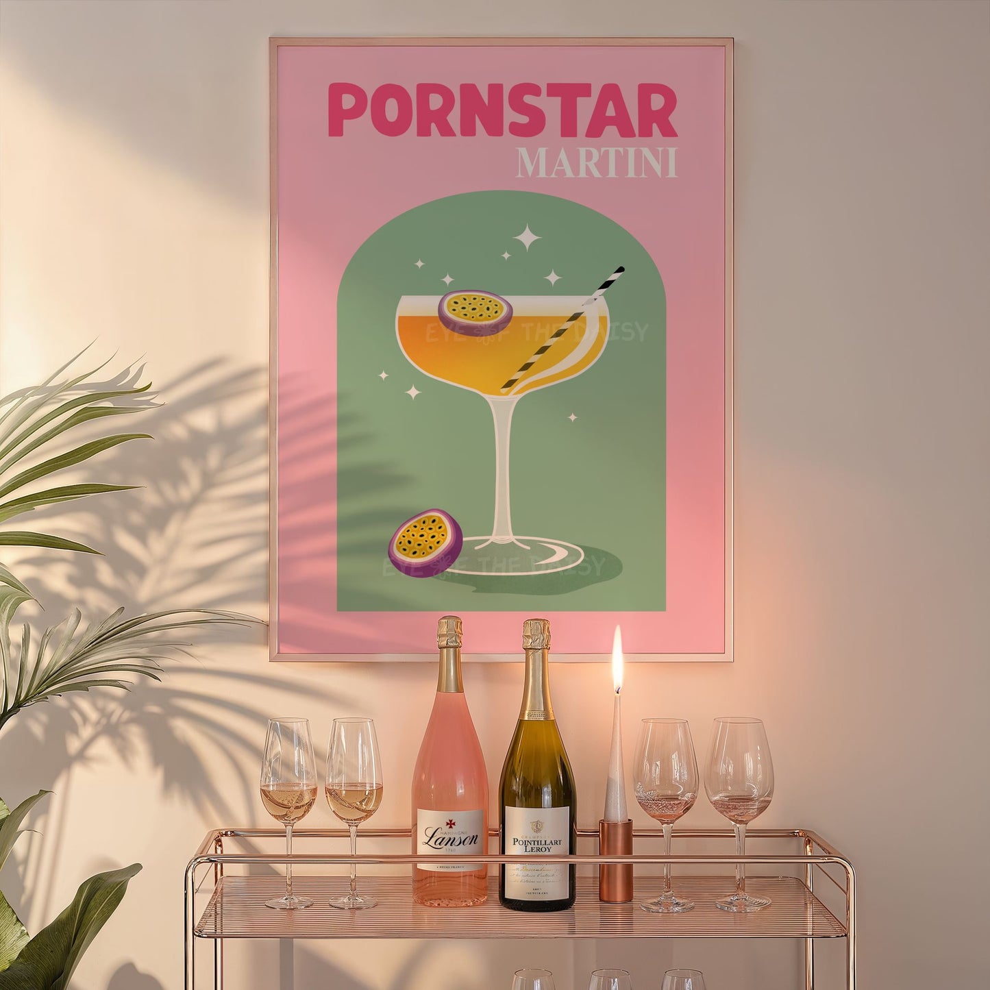 Colourful "Pornstar Martini" cocktail home bar cart wall art in trendy vibrant colours