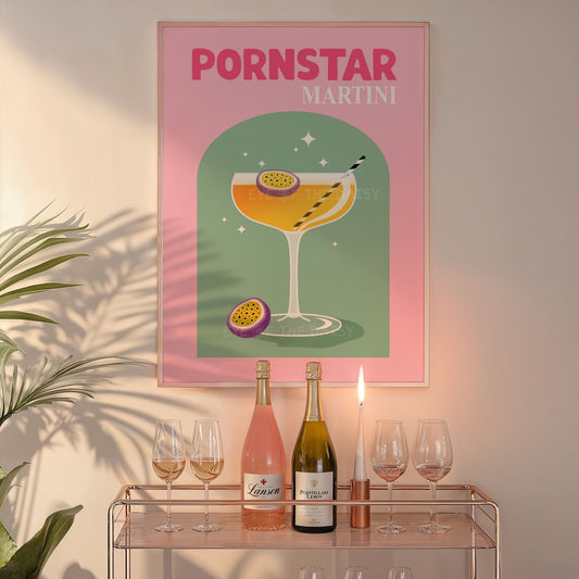 Colourful "Pornstar Martini" cocktail home bar cart wall art in trendy vibrant colours