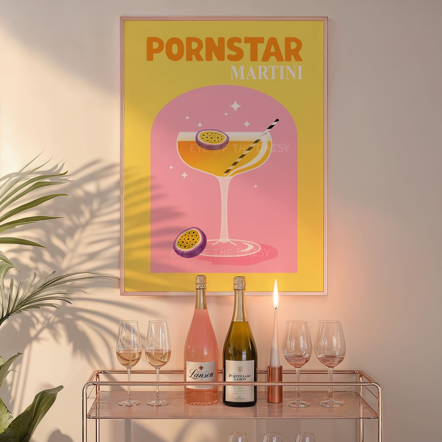 Bright yellow & pink Pornstar Martini poster, trendy cocktail digital print perfect for eclectic bar cart or funky home bar decor