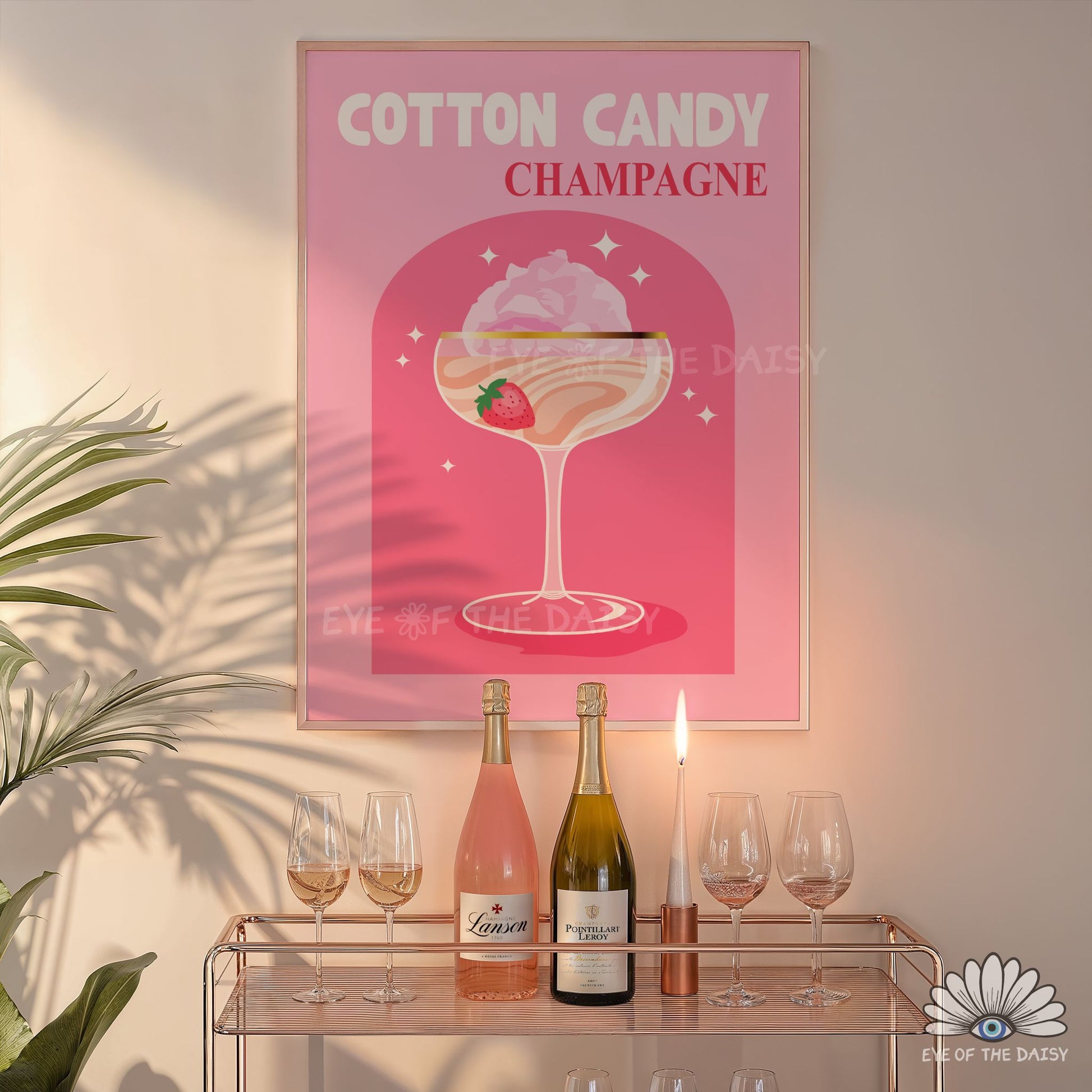 cute funky cocktail printable Cotton Candy Champagne art for dorm room or college room bar cart styling