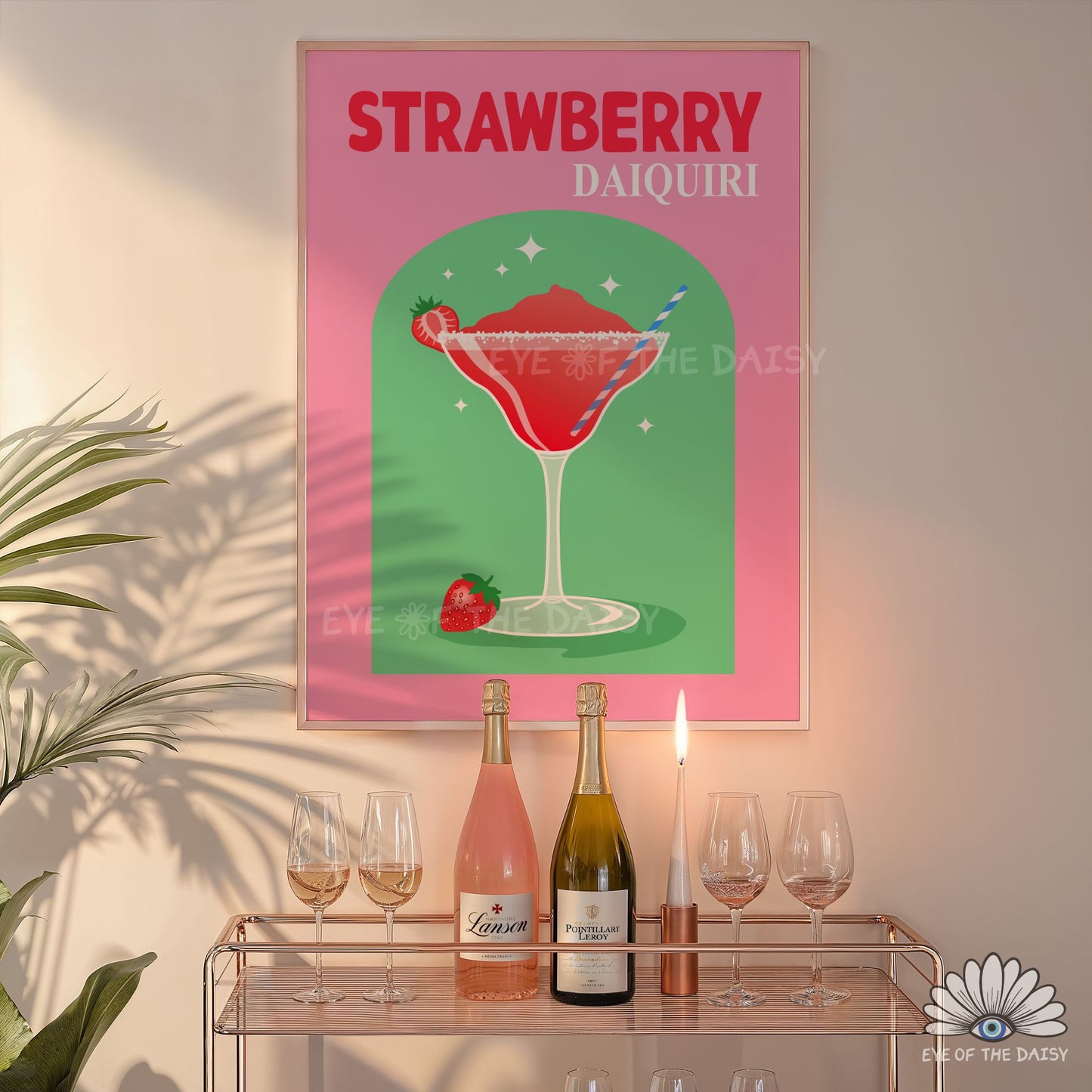 cute funky cocktail printable Strawberry Daiquiri print for dorm room or college room bar cart styling