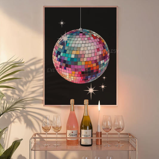 Trendy disco ball wall print of a colourful hand drawn multicoloured mirror ball with retro sparkles, great above a bar cart decor