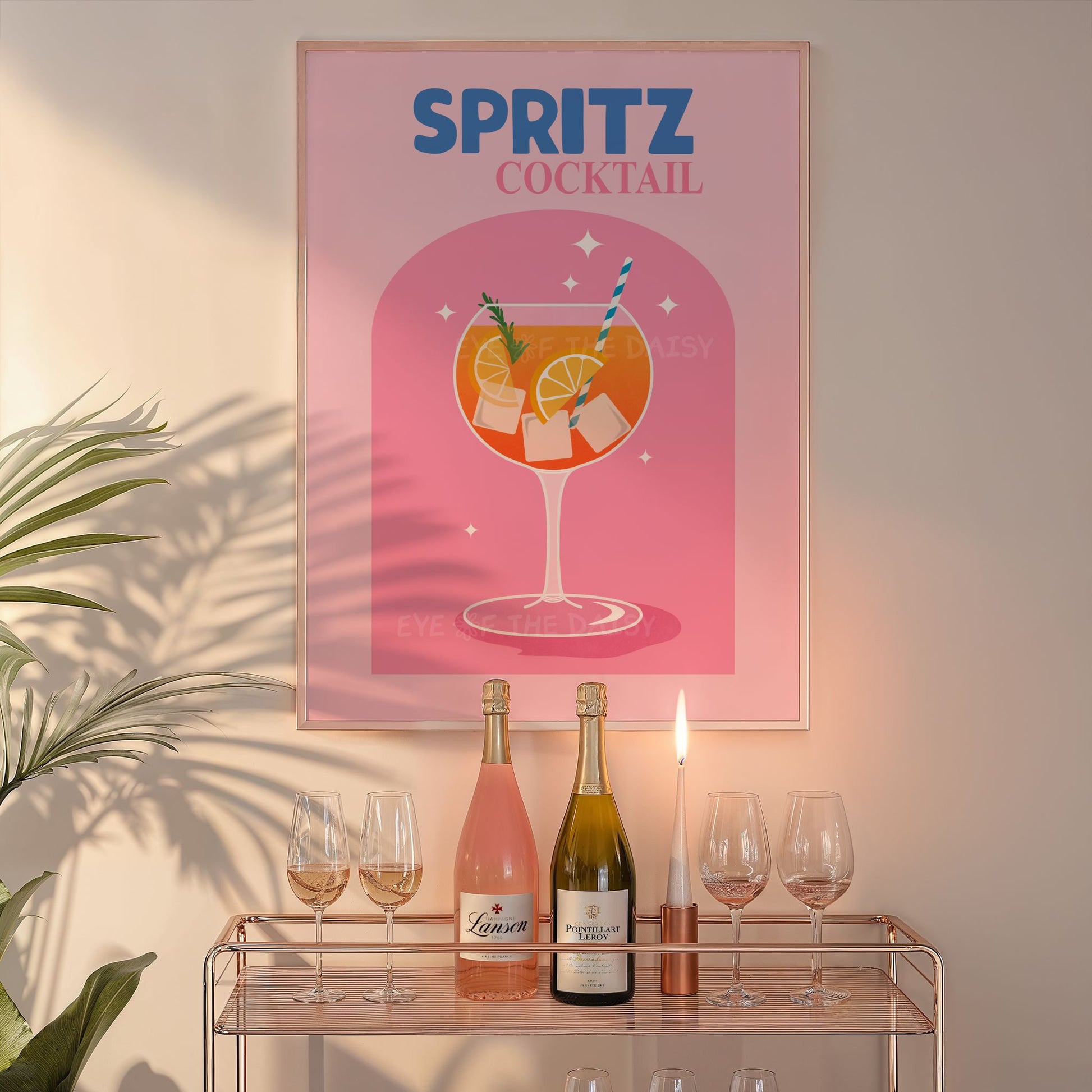 Printable pink orange Spritz cocktail poster for eclectic kitchen or trendy apartment, digital download art for home bar or dining wall