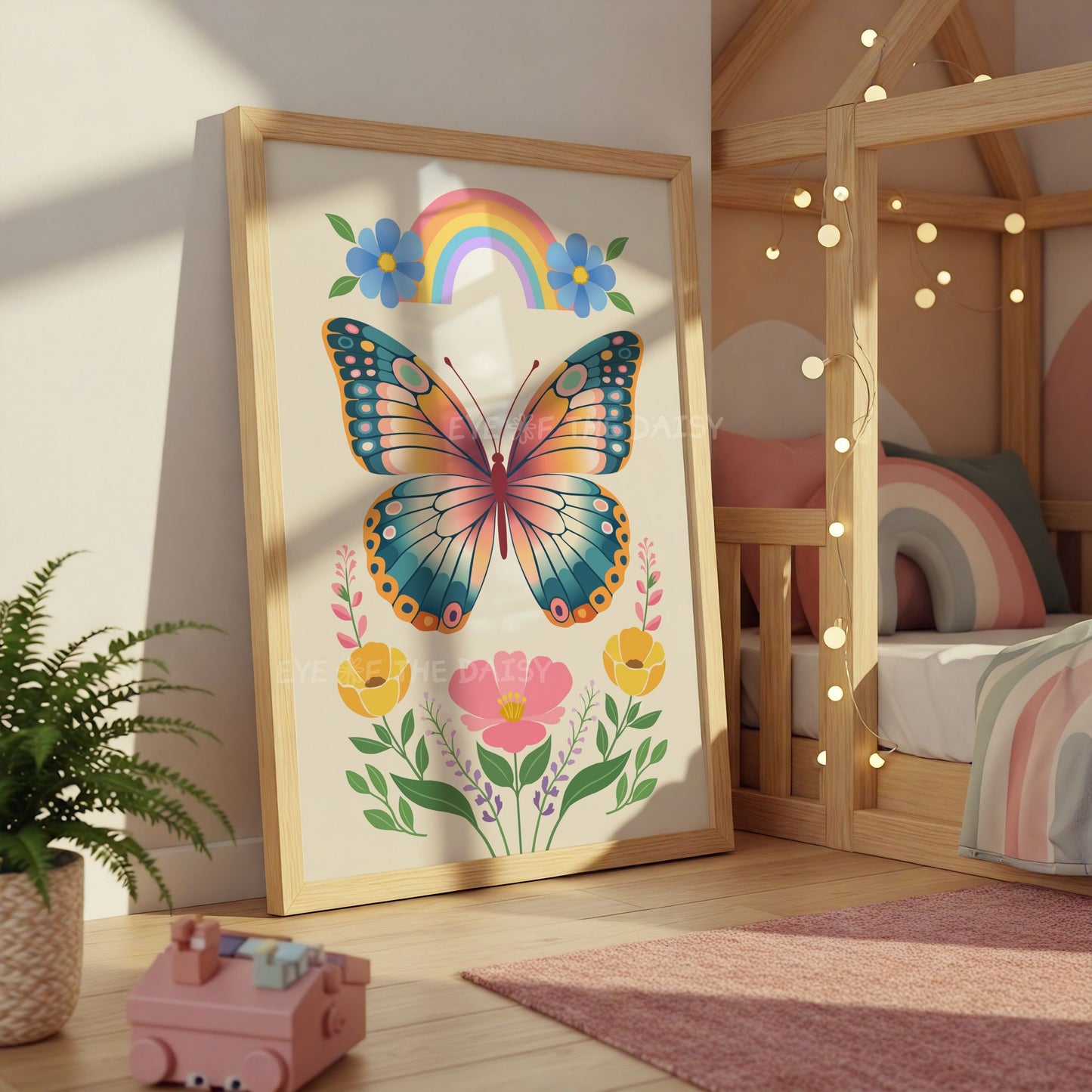 Colourful vintage style butterfly poster with floral artwork in a girl's bedroom, in folk art style