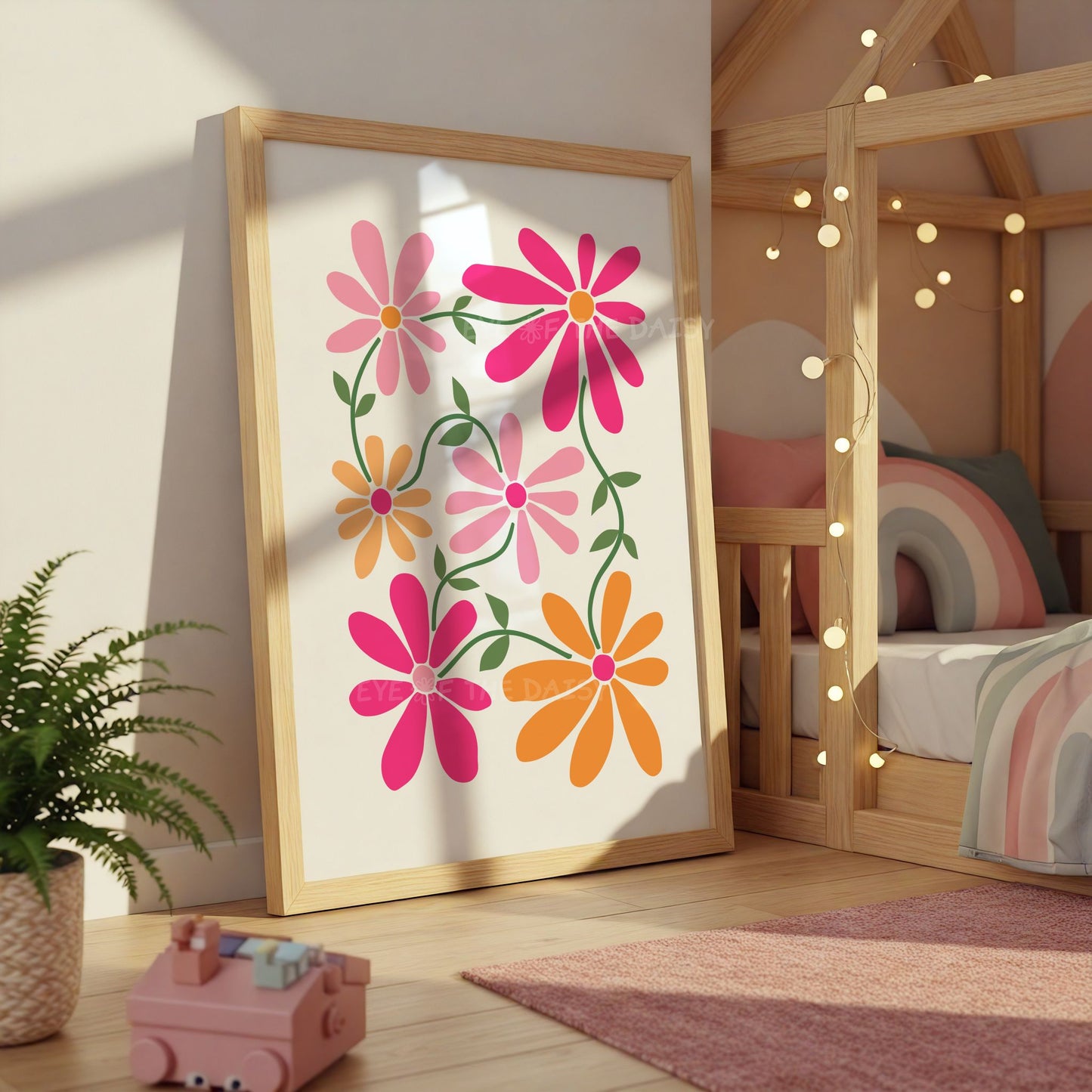 Whimsical boho daisy flower print in pink and orange, downloadable wall decor for toddler girls room, eclectic printable poster