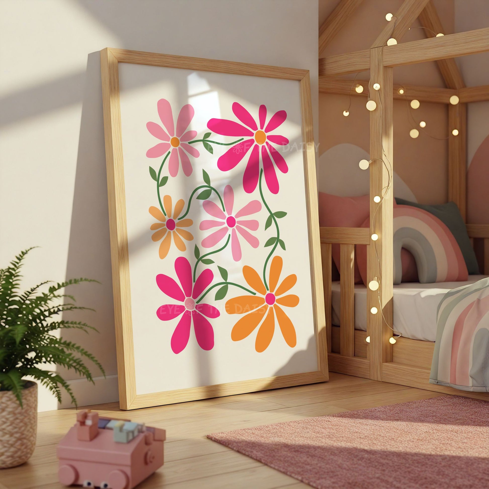 Whimsical boho daisy flower print in pink and orange, downloadable wall decor for toddler girls room, eclectic printable poster