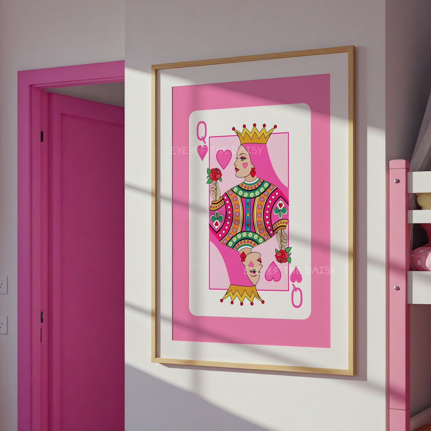 Printable Queen of Hearts artwork – pink card illustration, fun digital poster for girls' bedroom or playroom decor