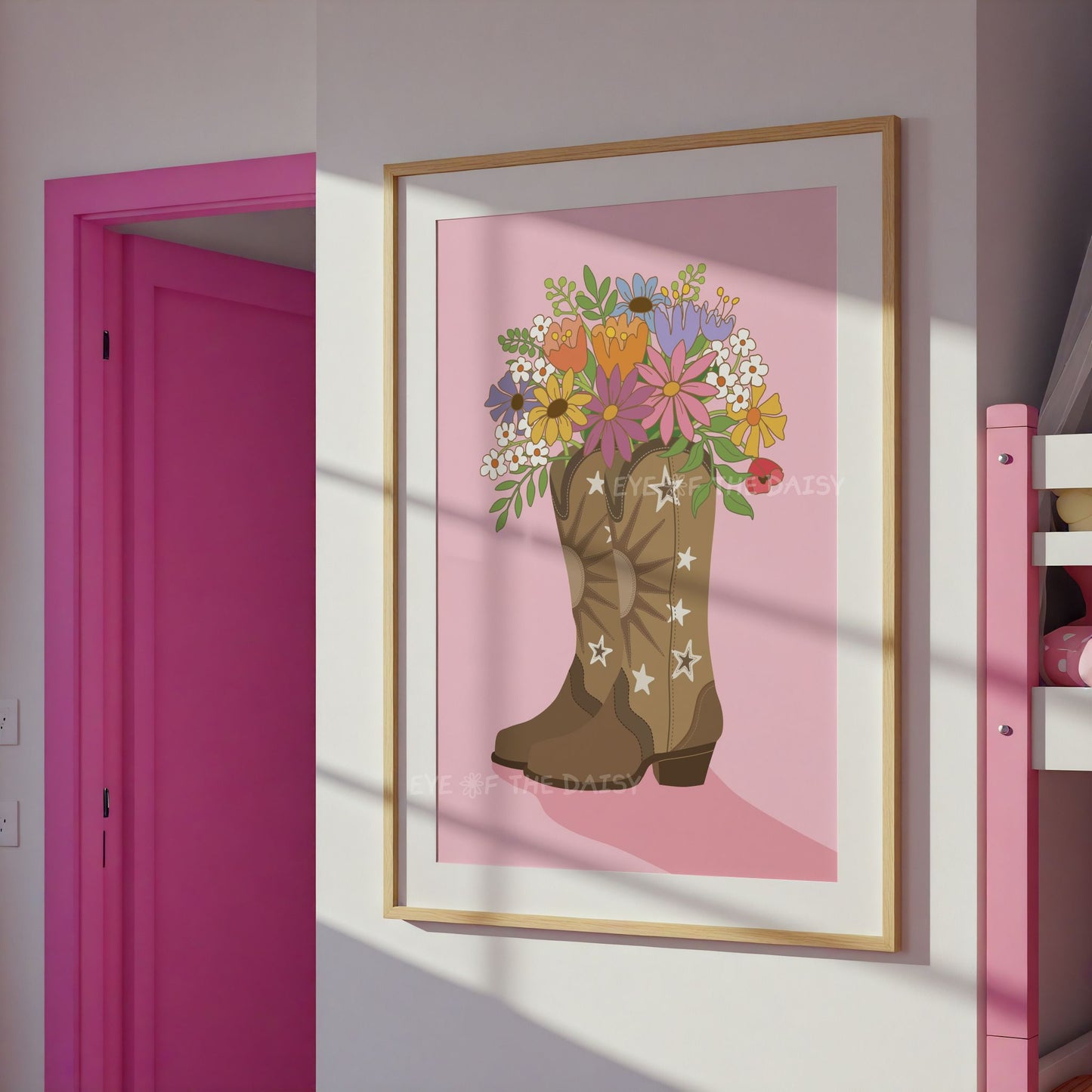 Retro floral boot print in pink and tan, boho cowgirl wall art for dorm, nursery or colorful eclectic teen bedroom decor