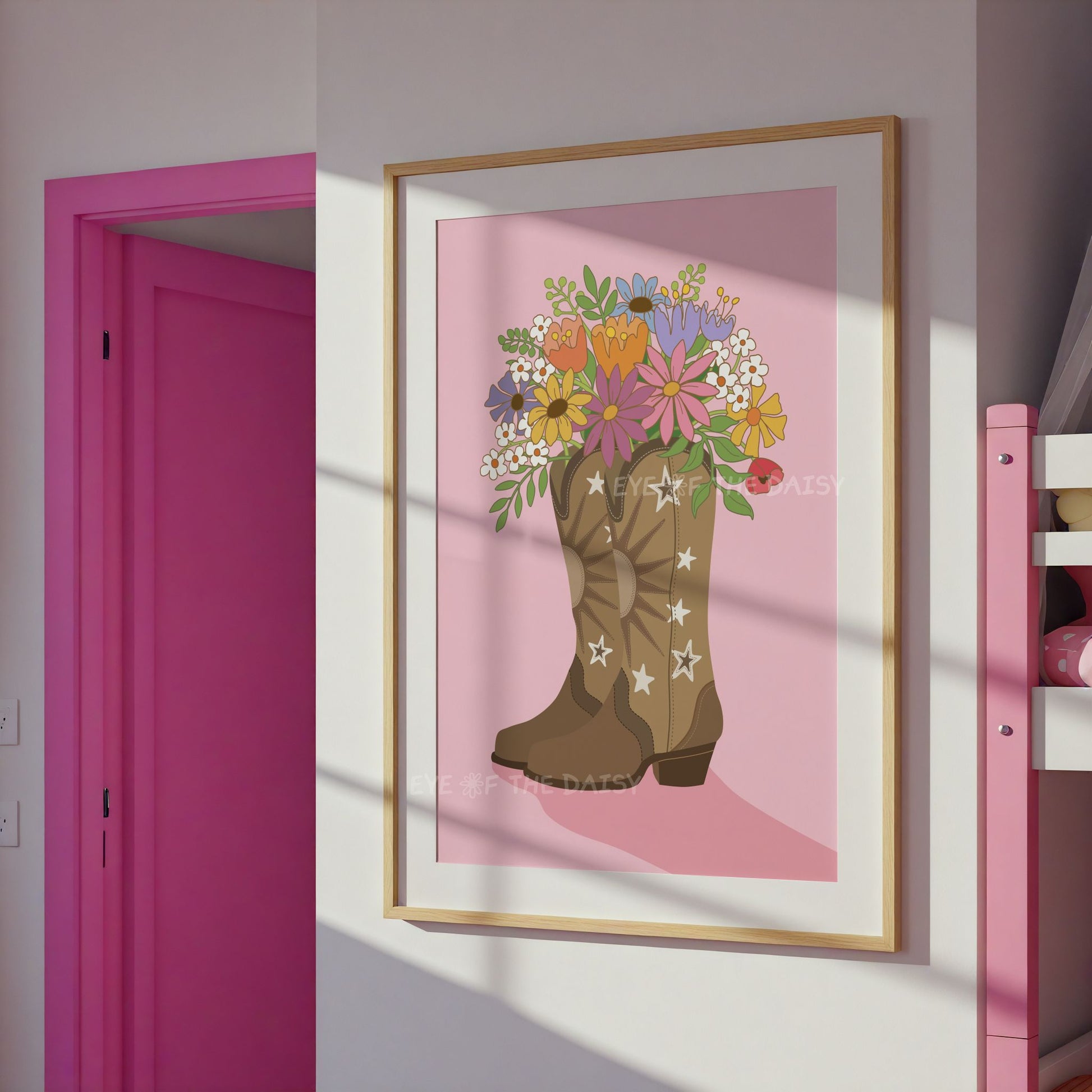 Retro floral boot print in pink and tan, boho cowgirl wall art for dorm, nursery or colorful eclectic teen bedroom decor