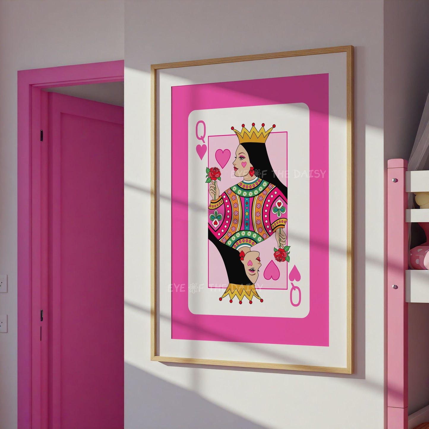 Printable Queen of Hearts artwork – pink card illustration, fun digital poster for girls' bedroom or playroom decor