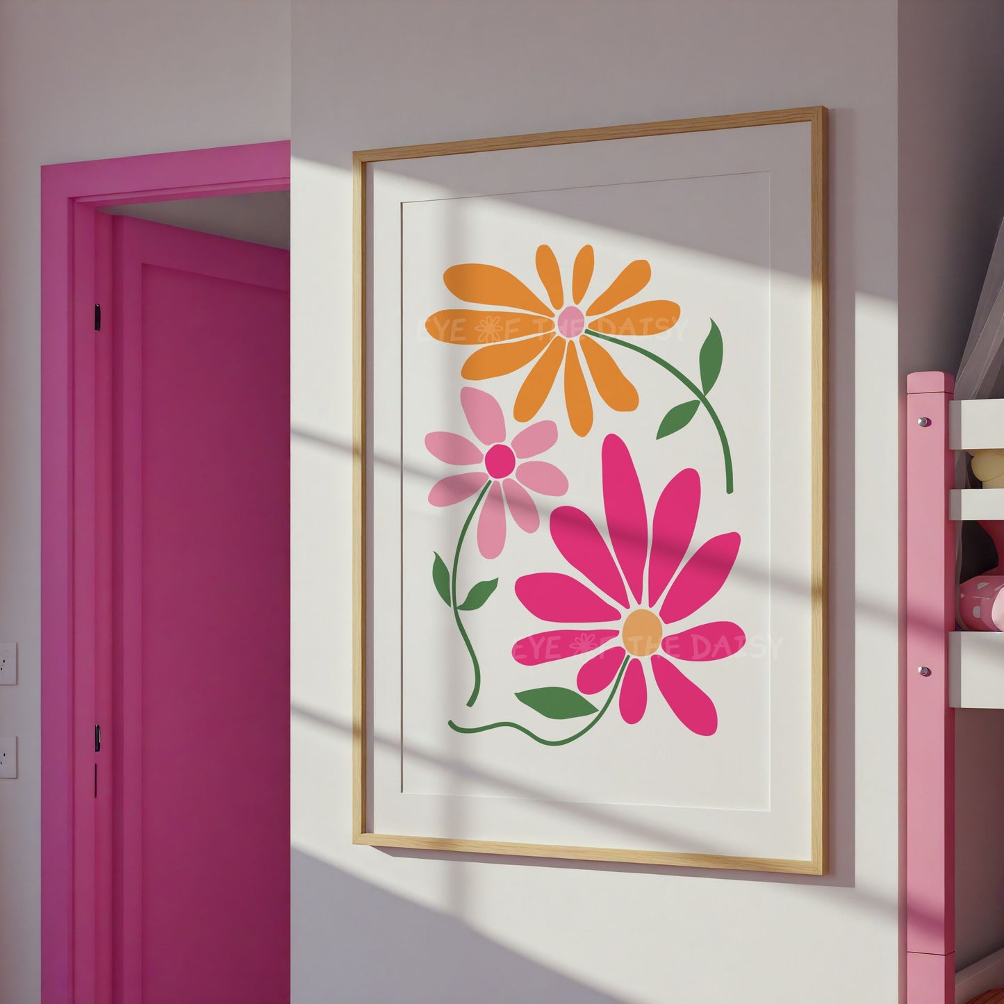 Hot pink and orange cute daisy flower wall print with stylized floral design in a child's room