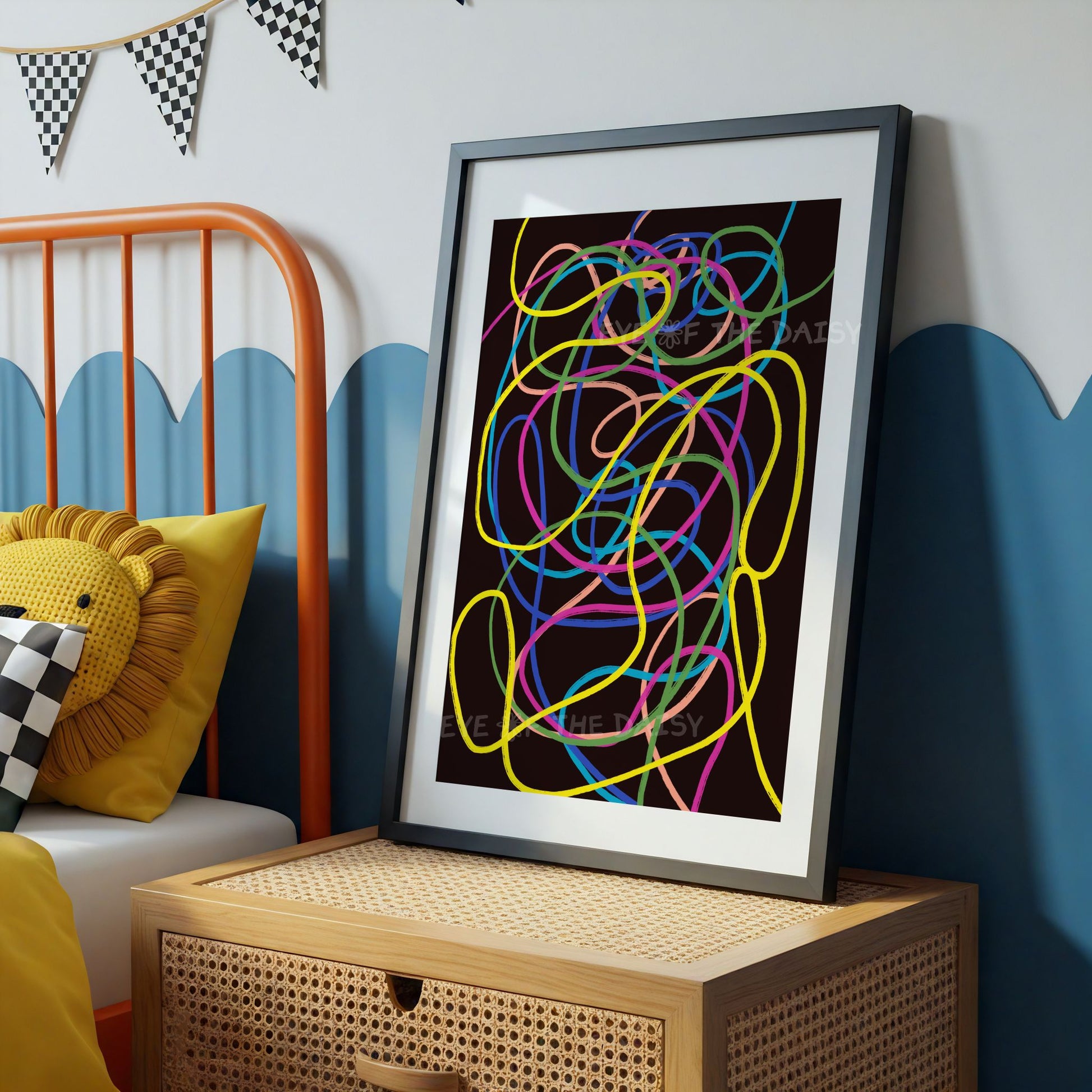 Fun abstract kids’ room print – colorful squiggle line art, digital download poster for playful, creative children's room wall decor