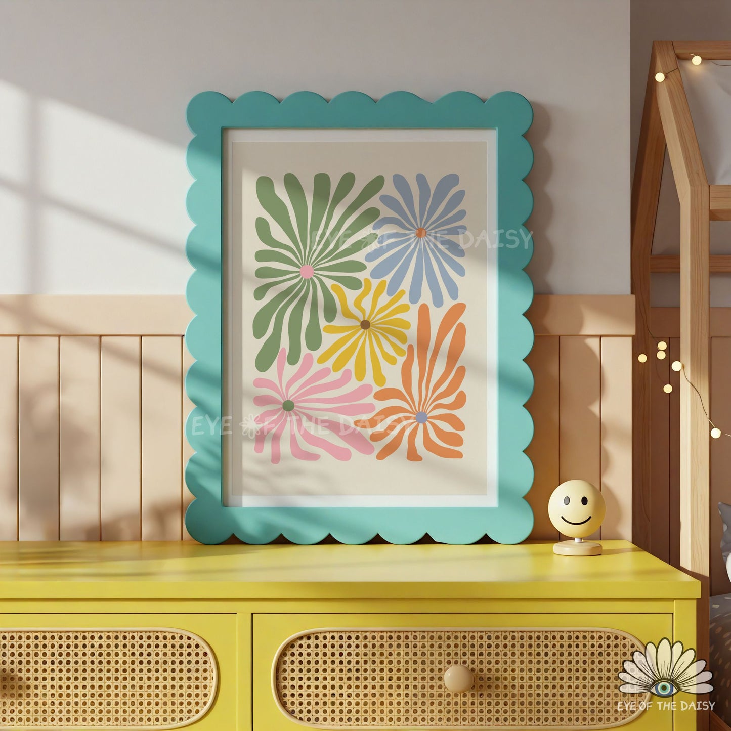 colourful abstract floral printable wall art, bright dopamine decor poster for kids room or nursery