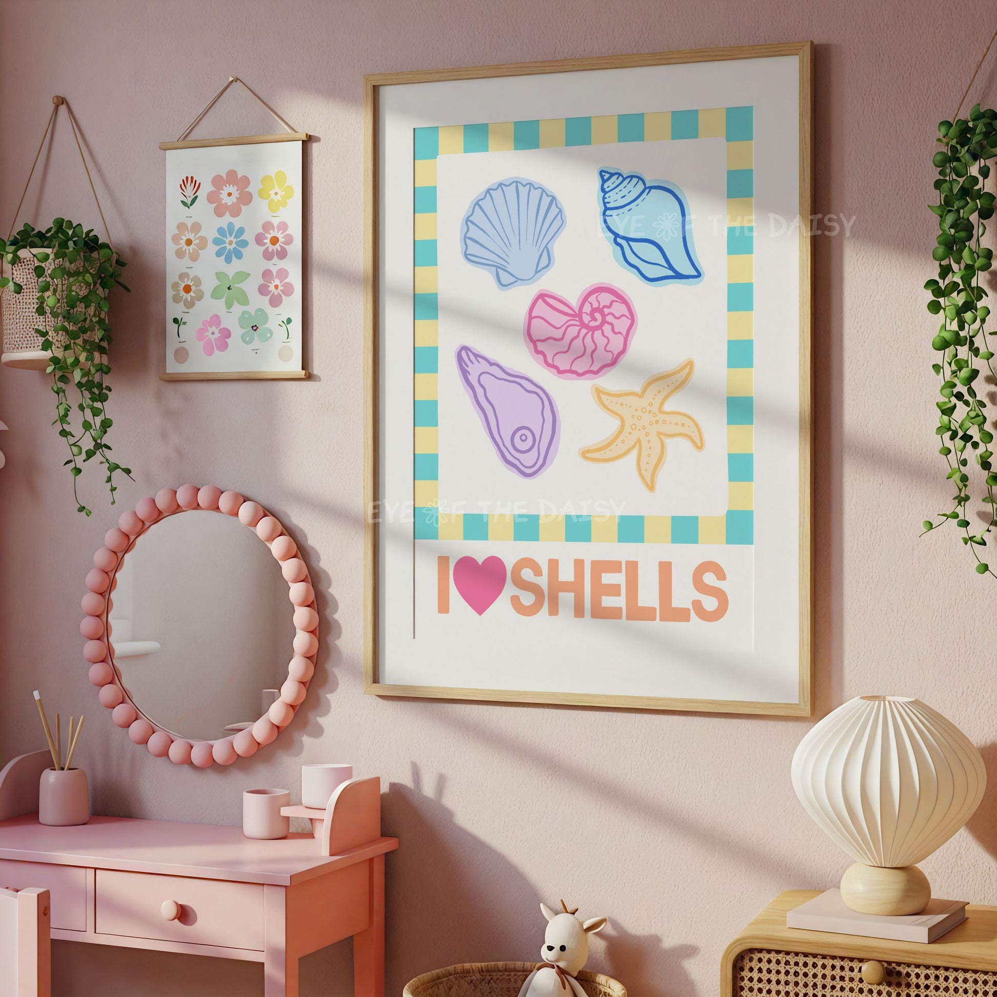 I Love Shells colorful poster – beachy printable wall art with fun summer vibes, great digital download for teen girl’s room decor