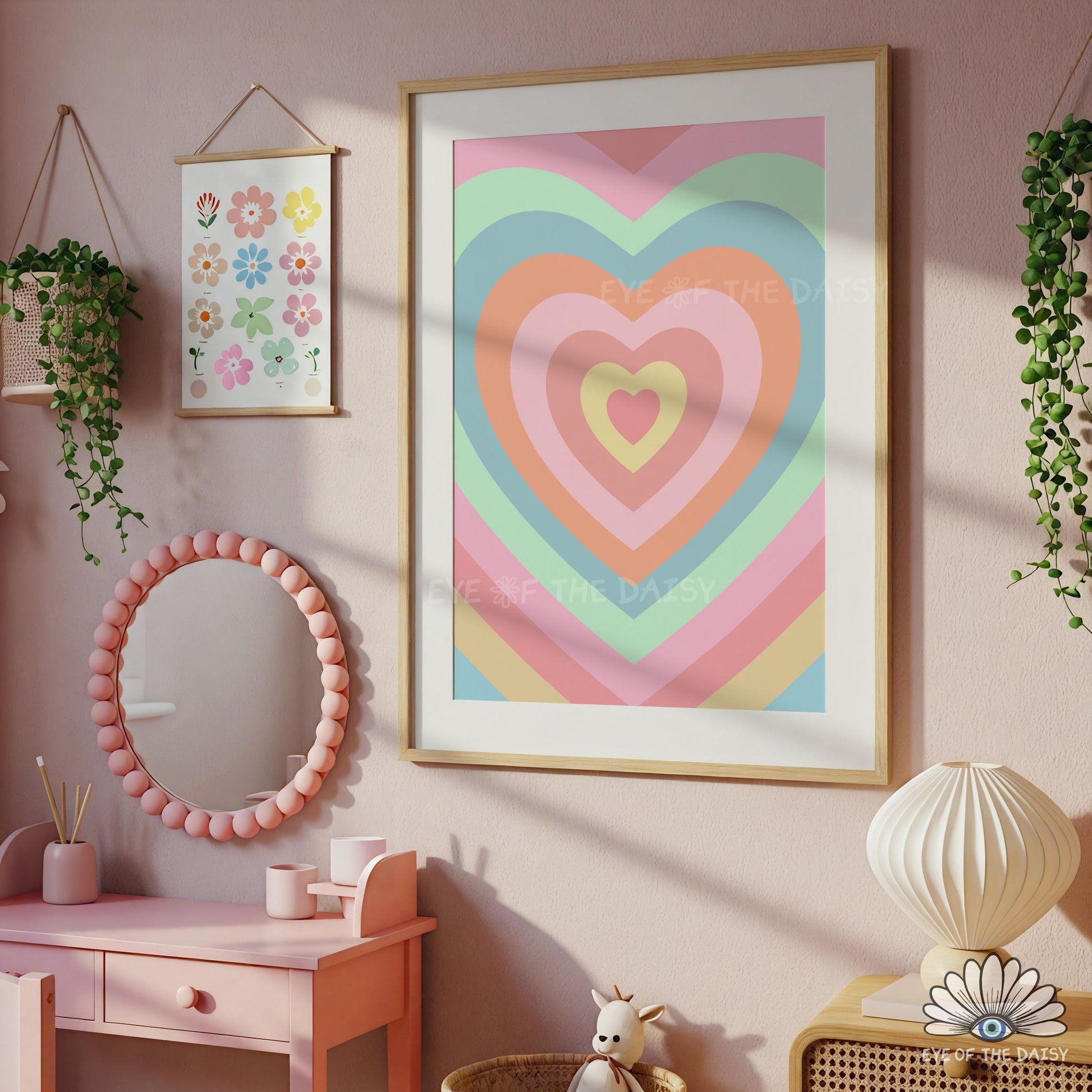 Hand drawn retro heart poster in pastels, fun and colorful printable wall art for children’s rooms or dorms
