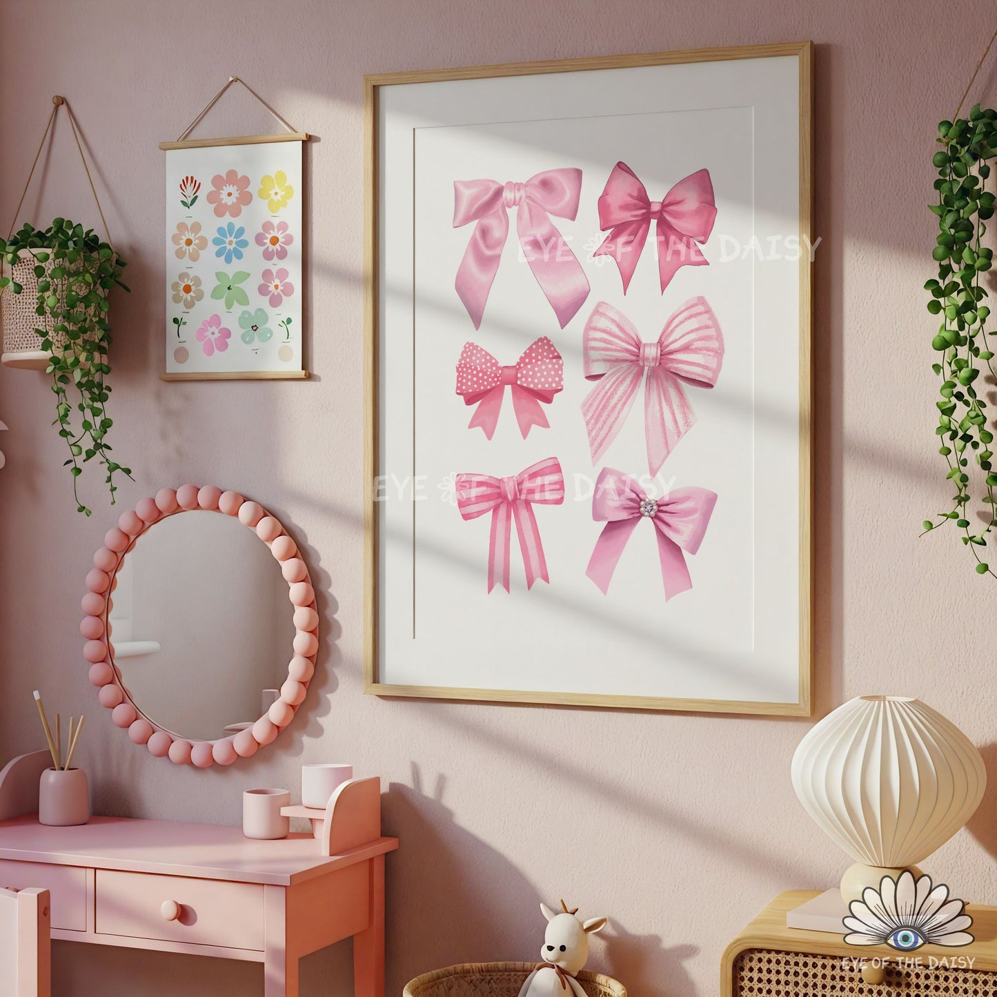 Pink ribbon printable wall art, modern trendy pastel pink bows print digital download for toddler girls bedroom