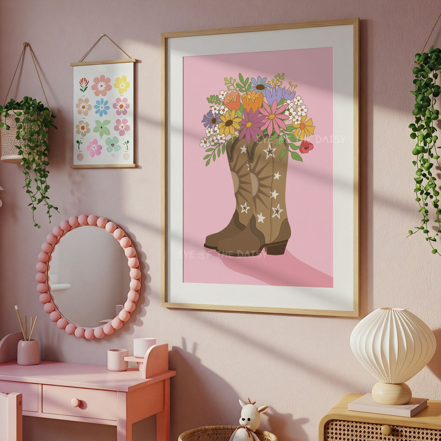 Retro floral boot print in pink and tan, boho cowgirl wall art for dorm, nursery or colorful eclectic teen bedroom decor