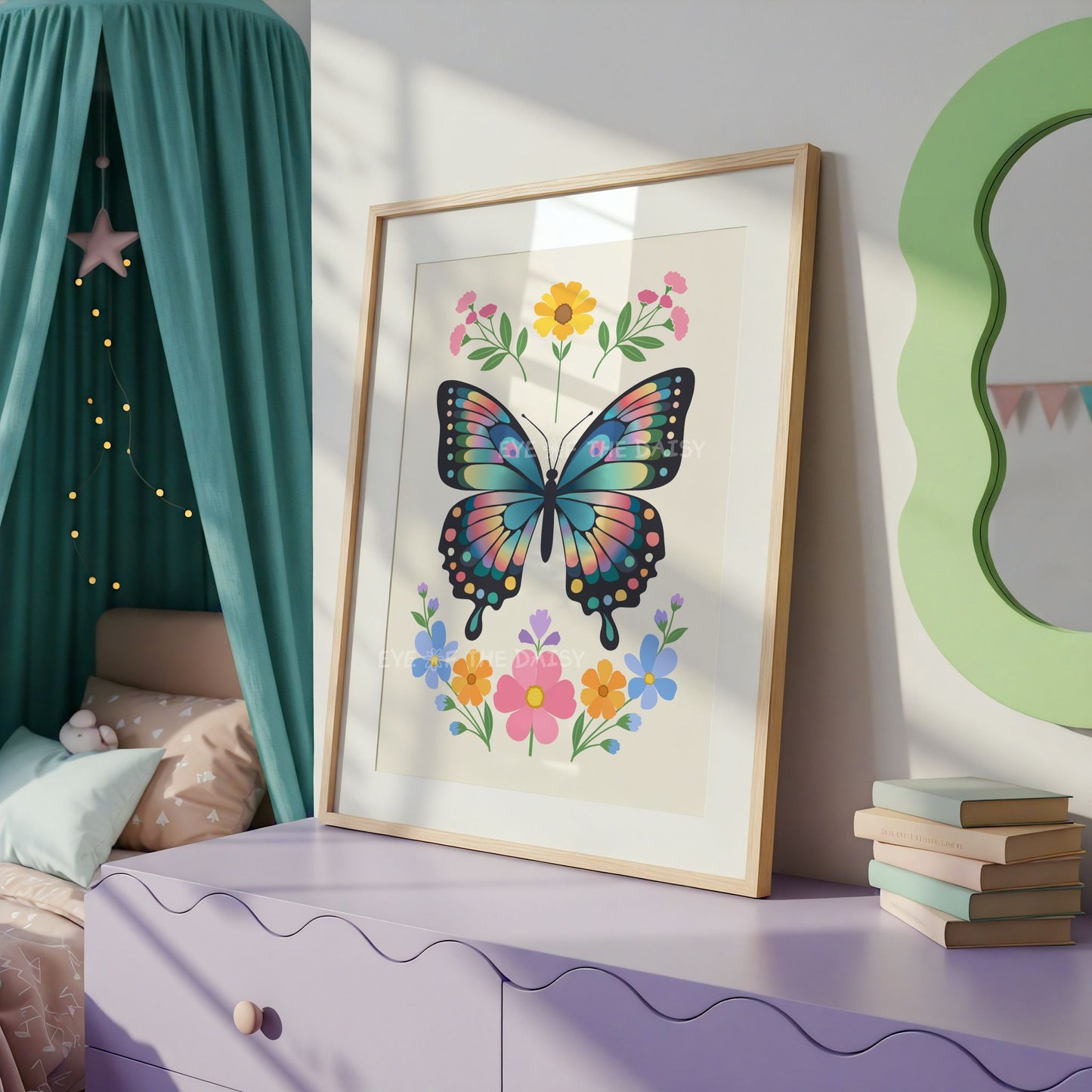 Cute print of a colorful boho modern butterfly poster in boho Scandinavian style in a nursery or children's room