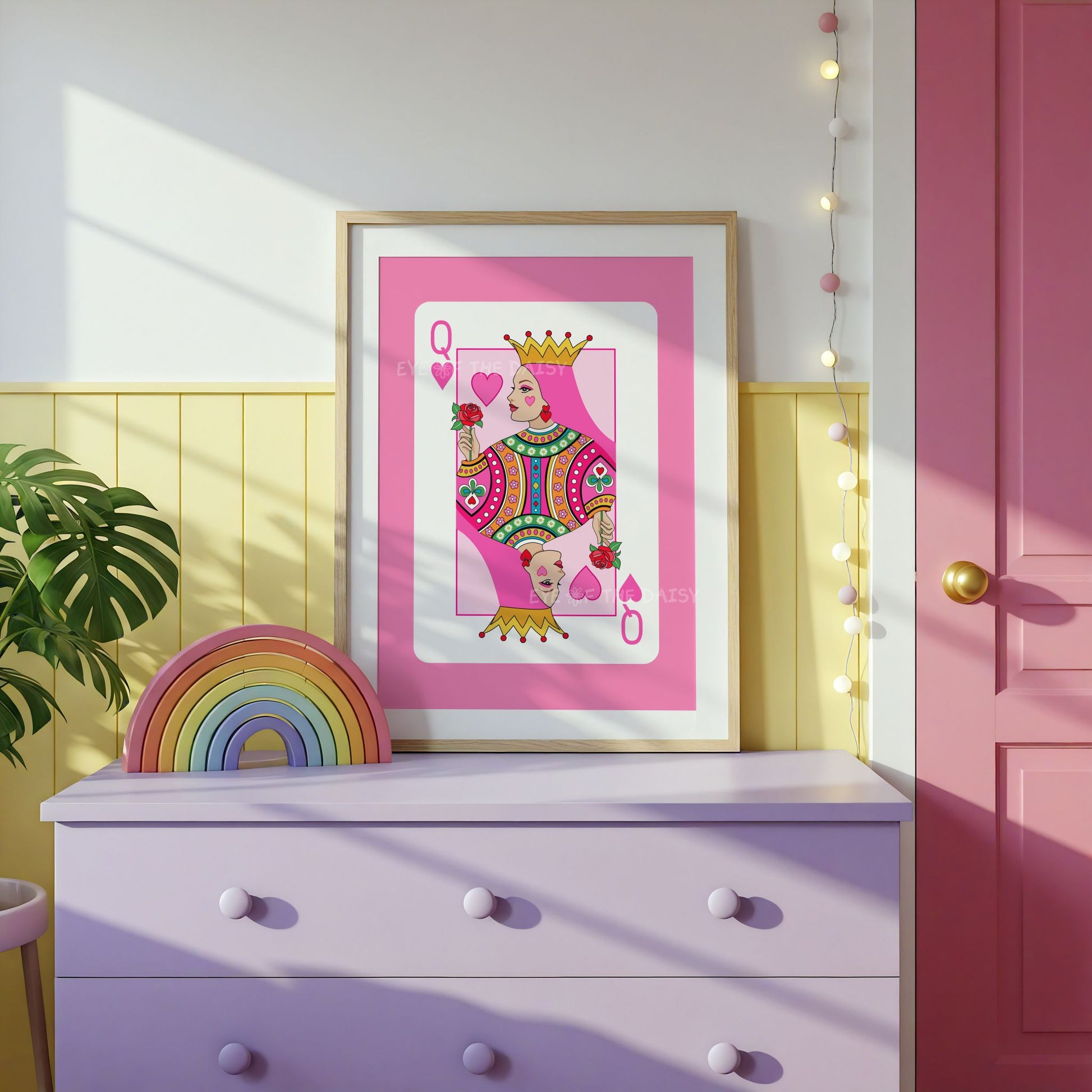 Pink Queen of Hearts art print – vibrant modern digital download, DIY wall decor for fun, colourful girls' spaces
